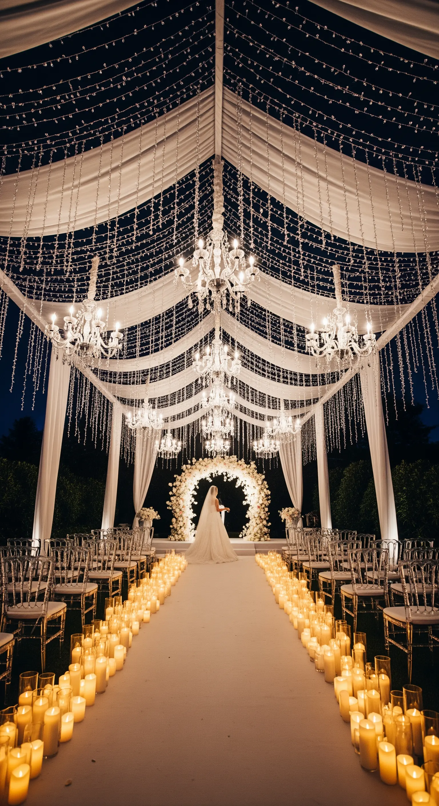 Navata all'aperto di notte, illuminata da chandelier, tende di lucine e un tappeto di candele.