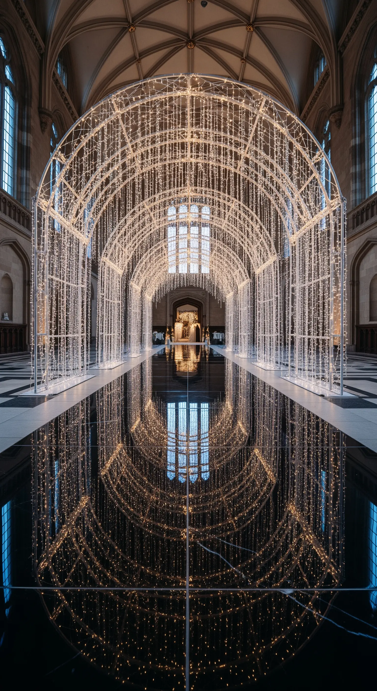 Tunnel ad arco con cascate di lucine calde riflesse su un pavimento nero lucido.