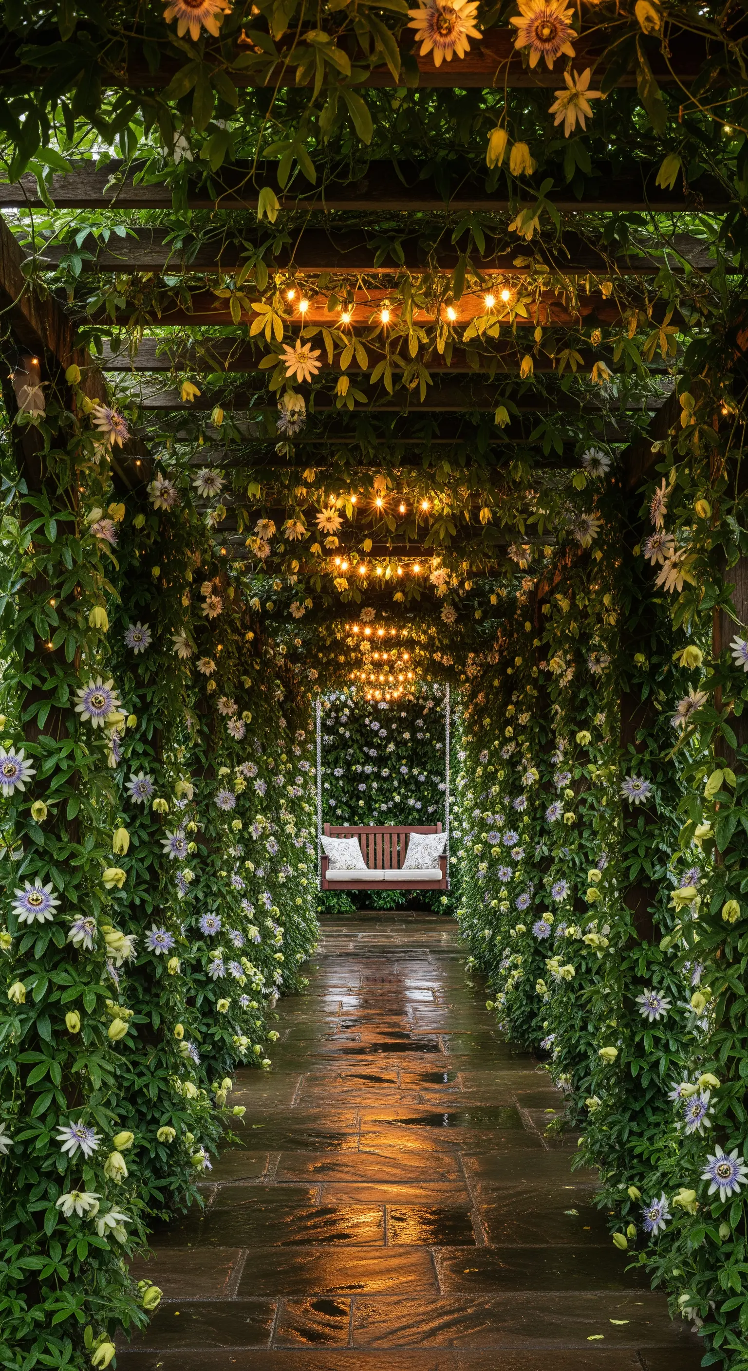 Lungo pergolato coperto di fiori e foglie, illuminato dall'interno, con un'altalena in fondo.