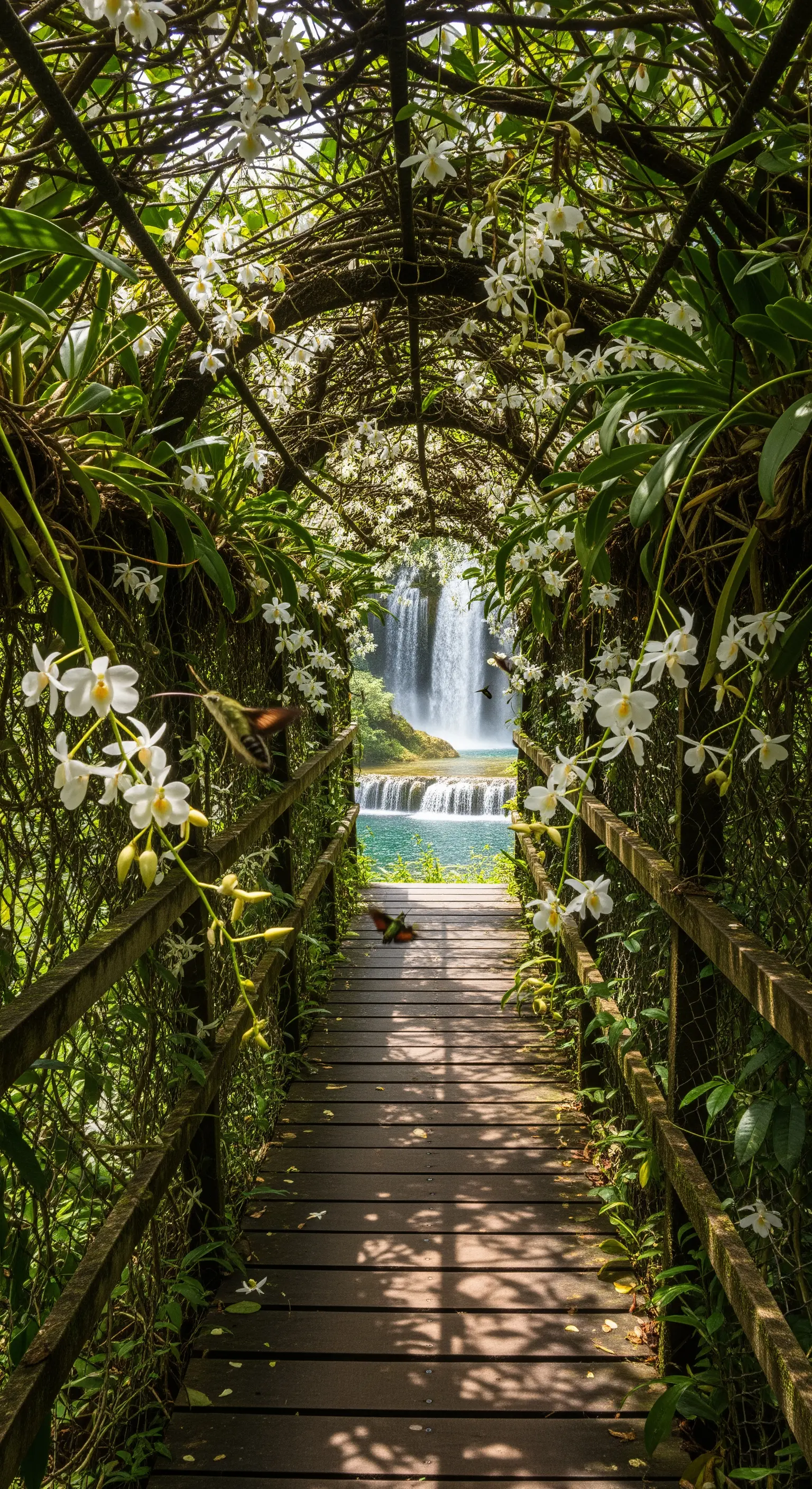 Sentiero in legno che attraversa un tunnel di orchidee bianche con vista su una cascata.