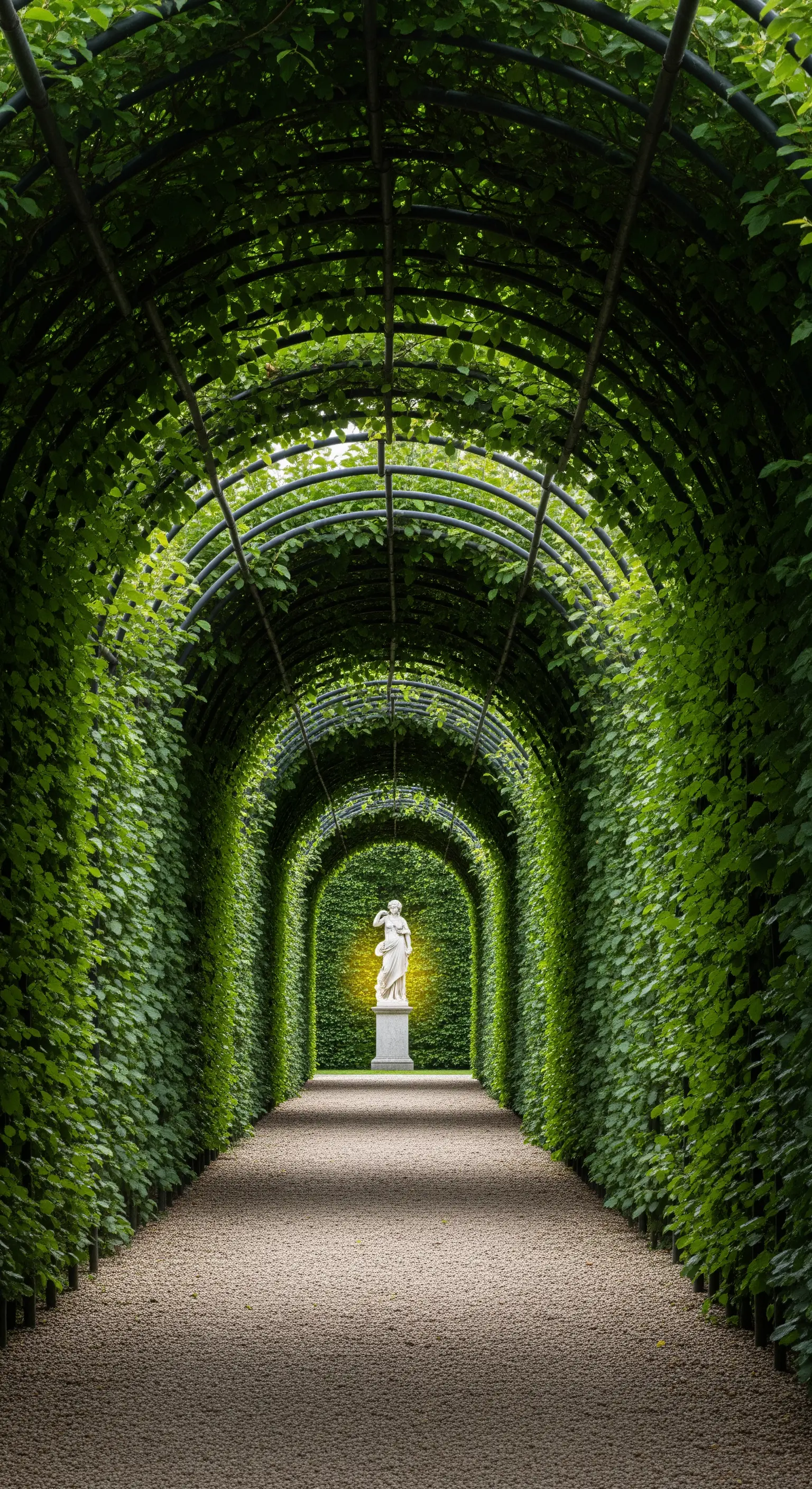 Lungo tunnel di foglie verdi rampicanti che conduce a una statua classica illuminata in fondo