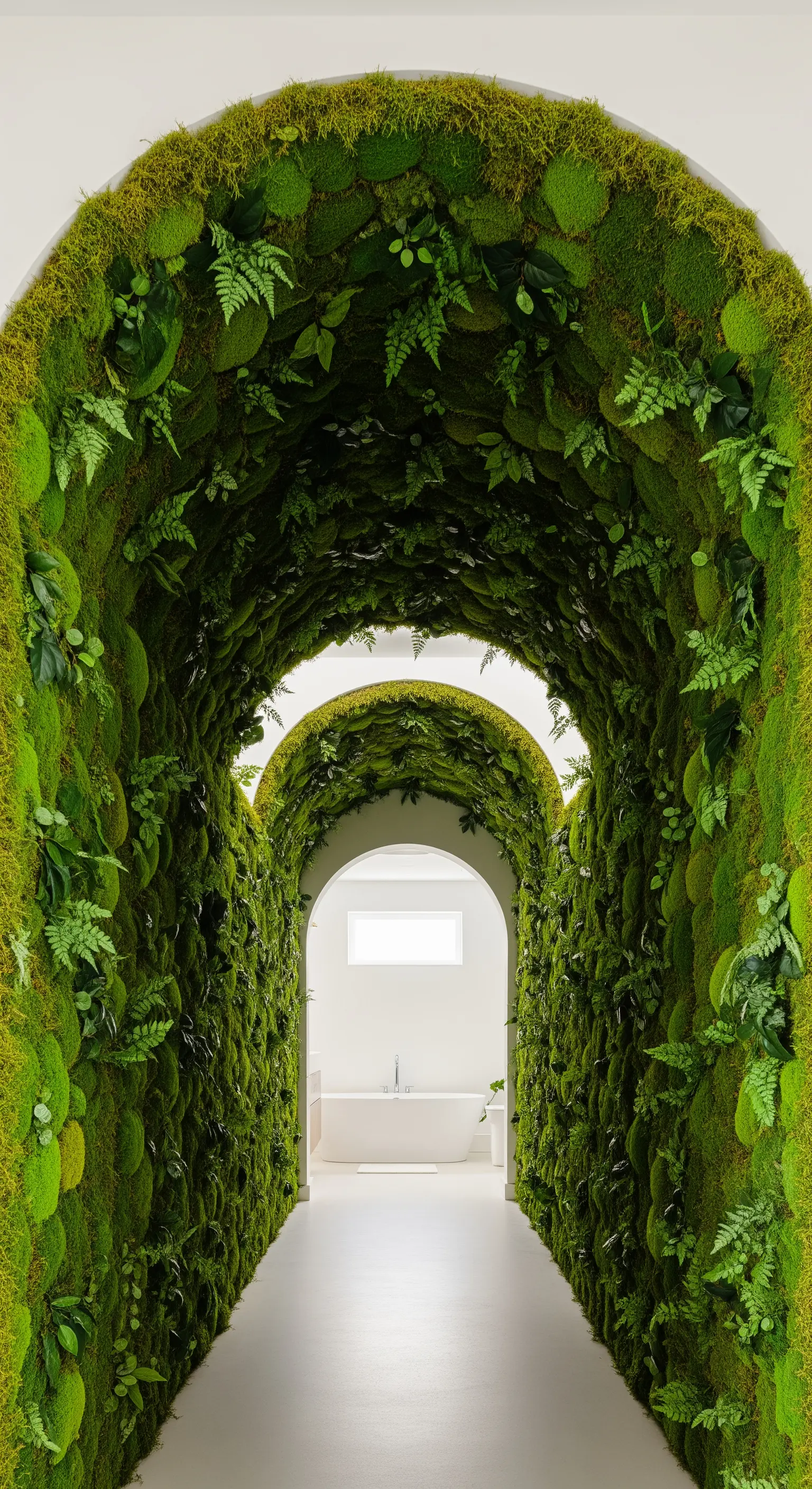 Corridoio ad arco interamente ricoperto di muschio che conduce a una vasca da bagno.