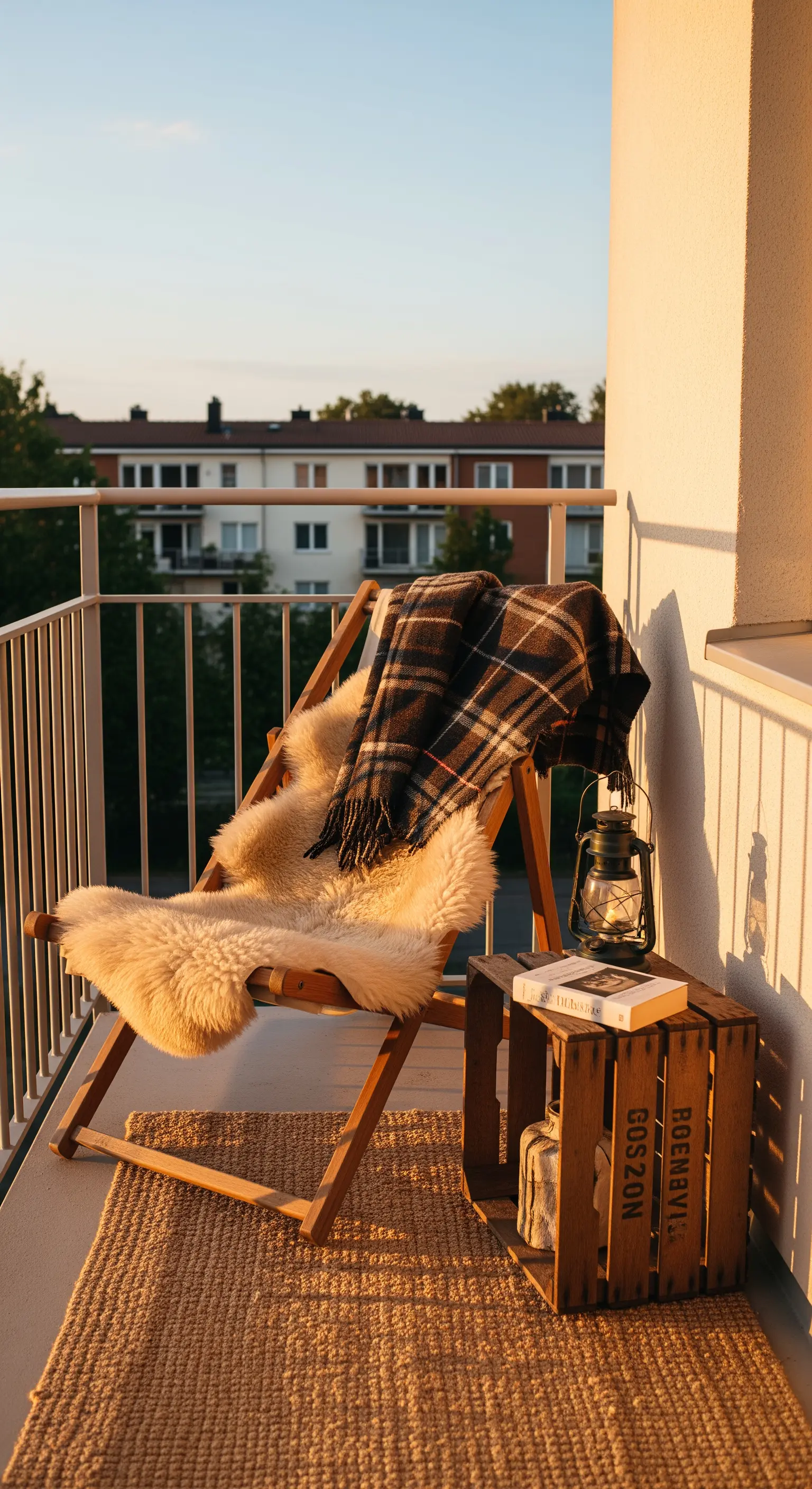Sedia a sdraio con pelle di pecora e plaid su un piccolo balcone al tramonto.