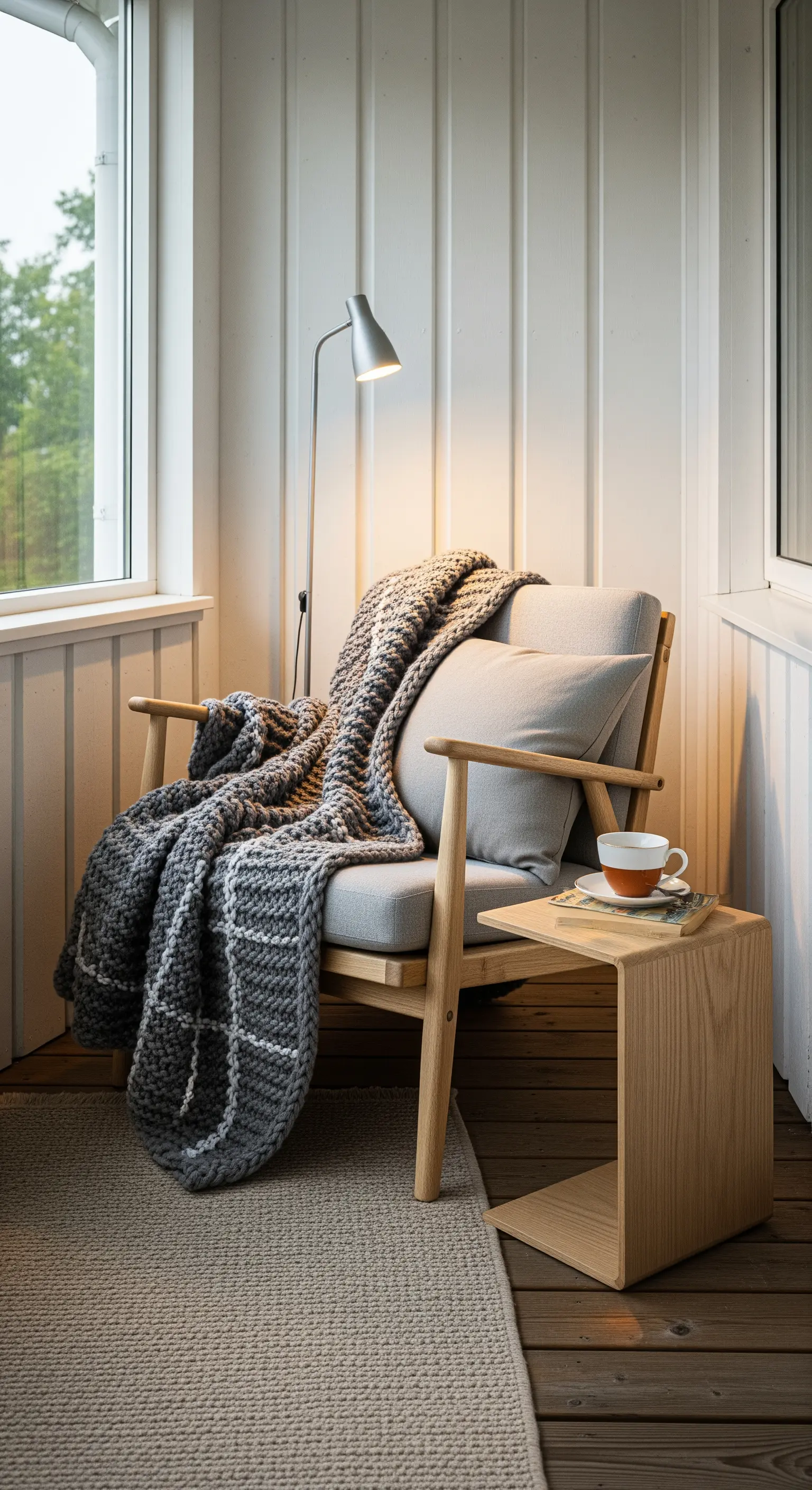Angolo lettura con poltrona in legno chiaro, coperta grigia e lampada da terra.