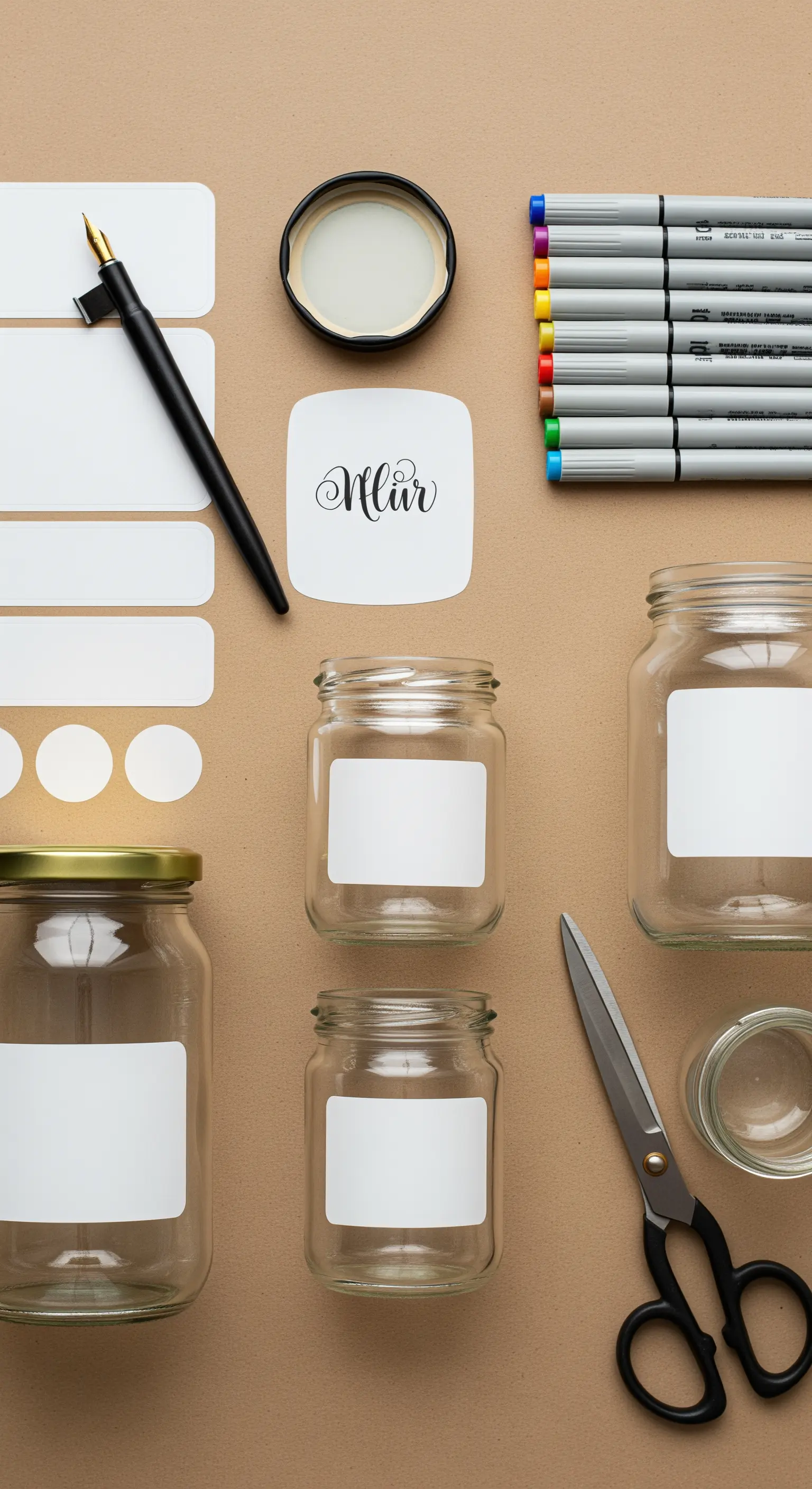 Set fai-da-te per etichettare barattoli di vetro: etichette, penne e contenitori.
