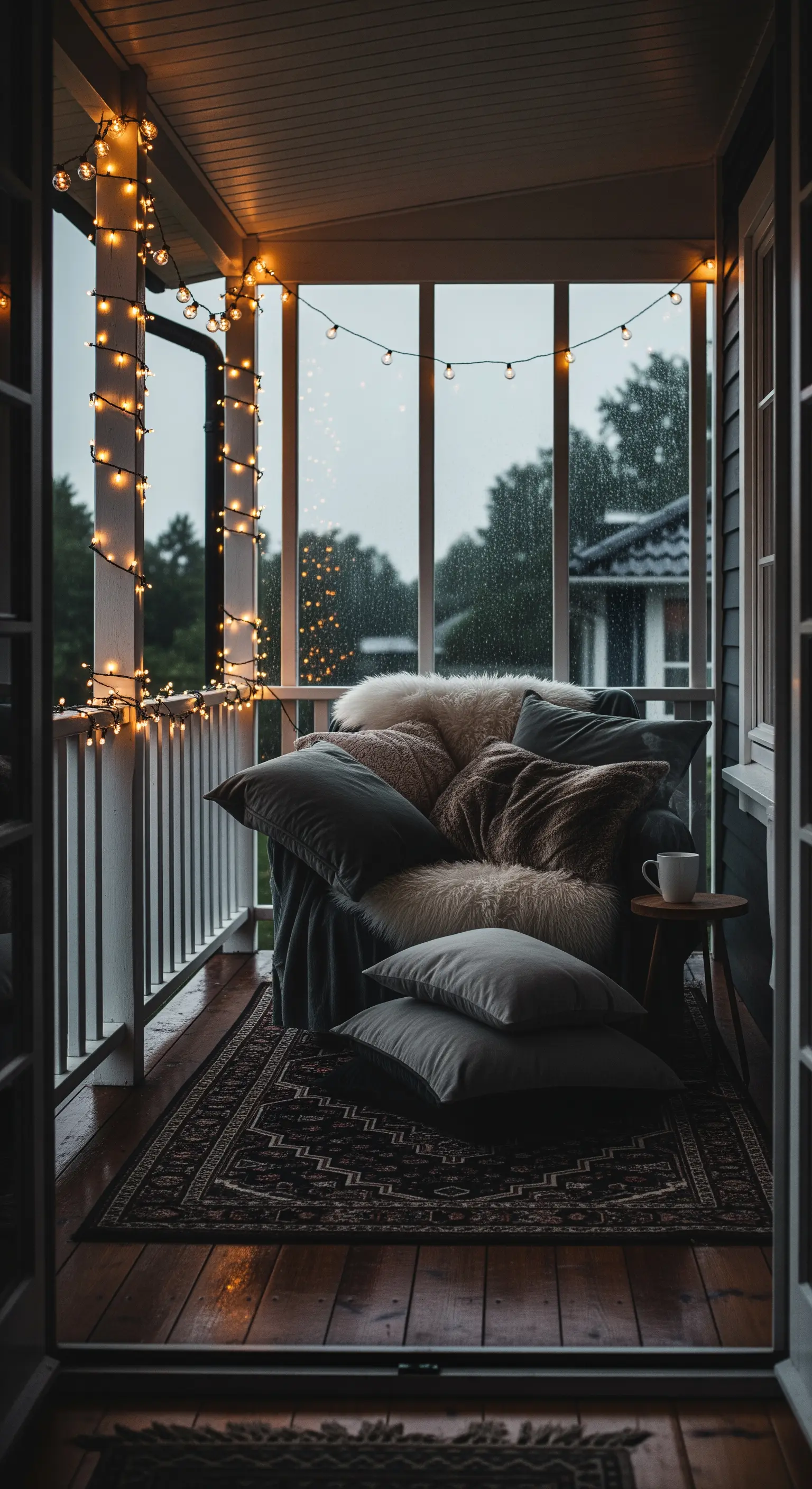 Veranda chiusa in un giorno di pioggia, con poltrona piena di cuscini e pelliccia.