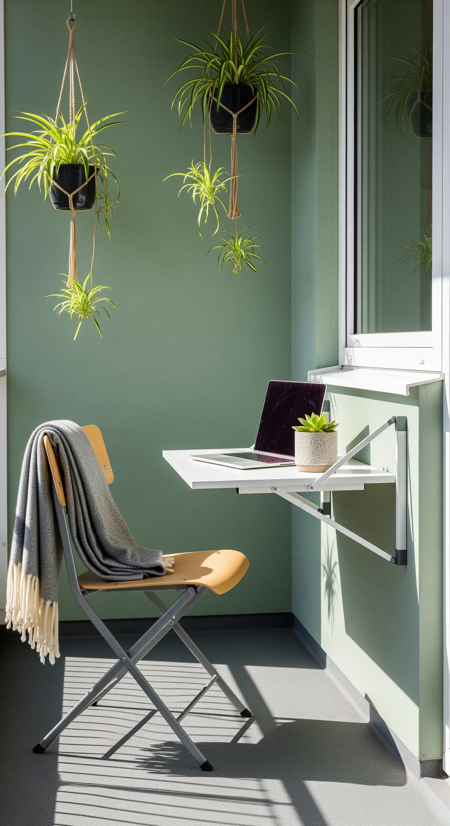 Scrivania a muro pieghevole bianca su un balcone con parete verde salvia e piante.