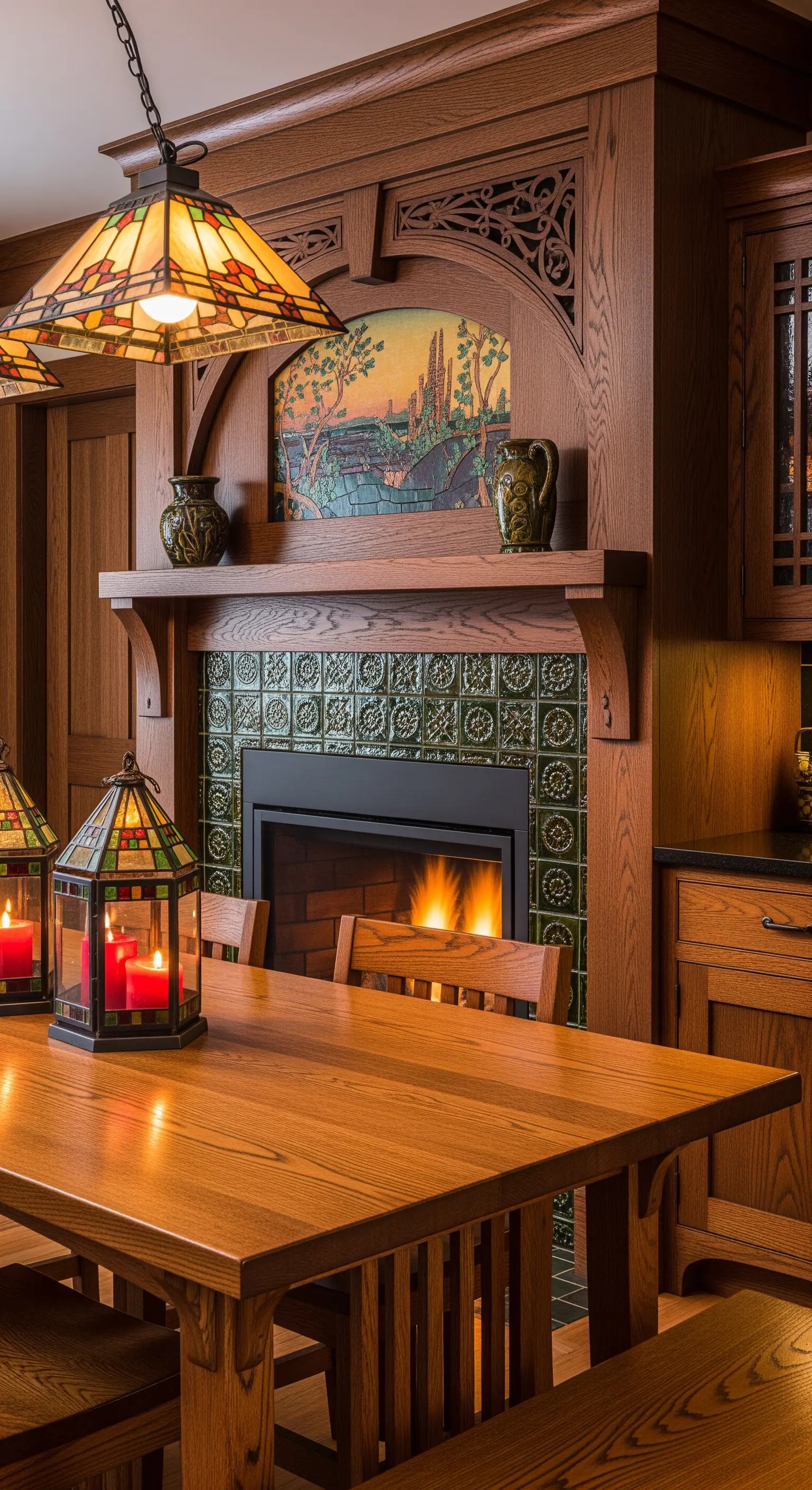 Cucina in stile Arts and Crafts con camino rivestito di piastrelle verdi e ricca boiserie in legno.