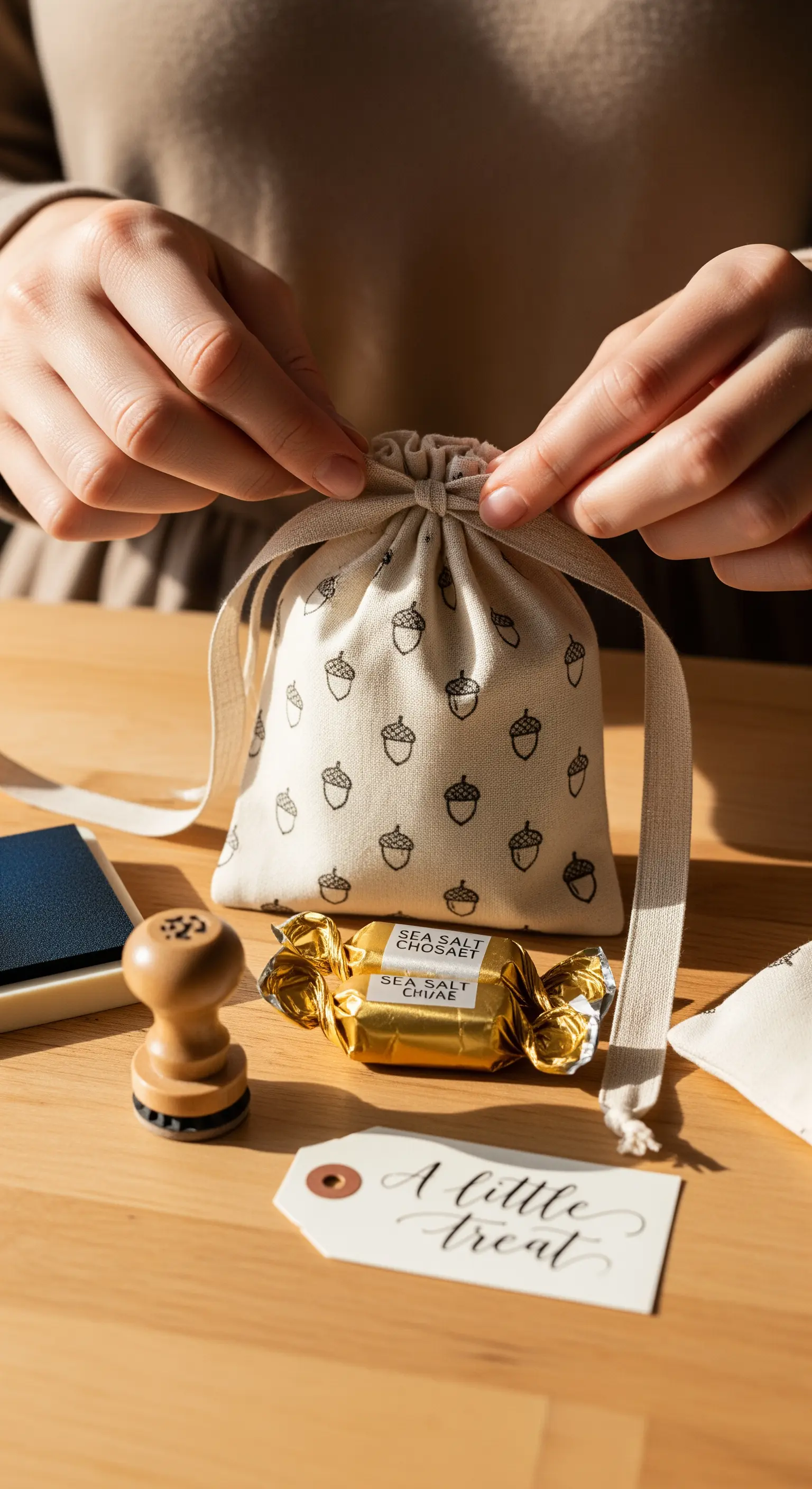 Persona che chiude un sacchetto di lino stampato con dentro un cioccolatino e un'etichetta.
