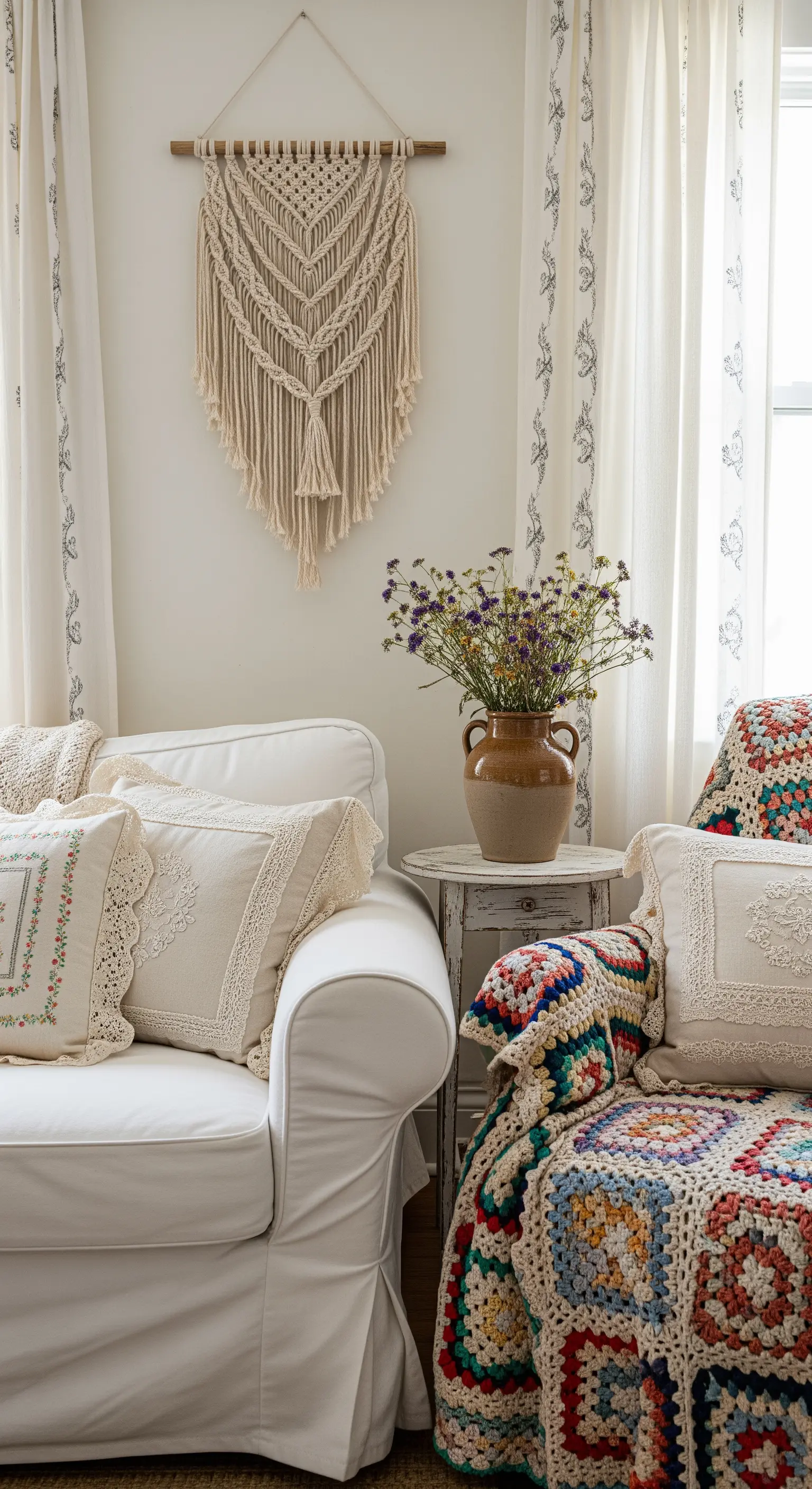 Dettaglio di un divano bianco con cuscini ricamati e coperta all'uncinetto.