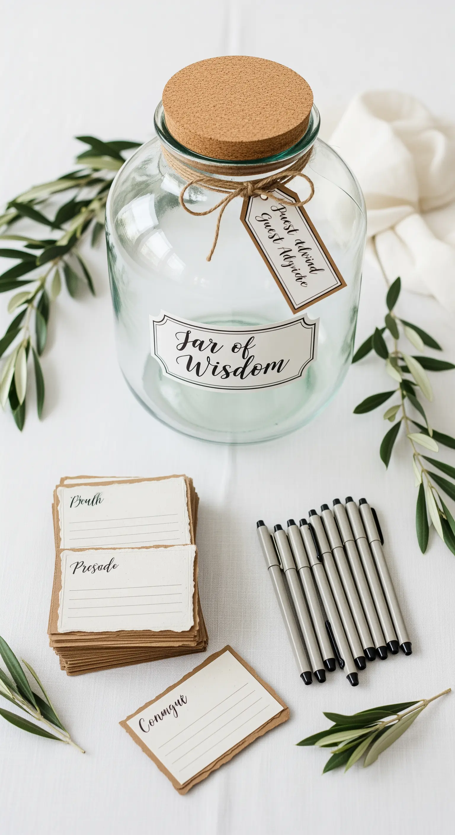 Barattolo di vetro etichettato 'Jar of Wisdom' con bigliettini e penne per gli ospiti