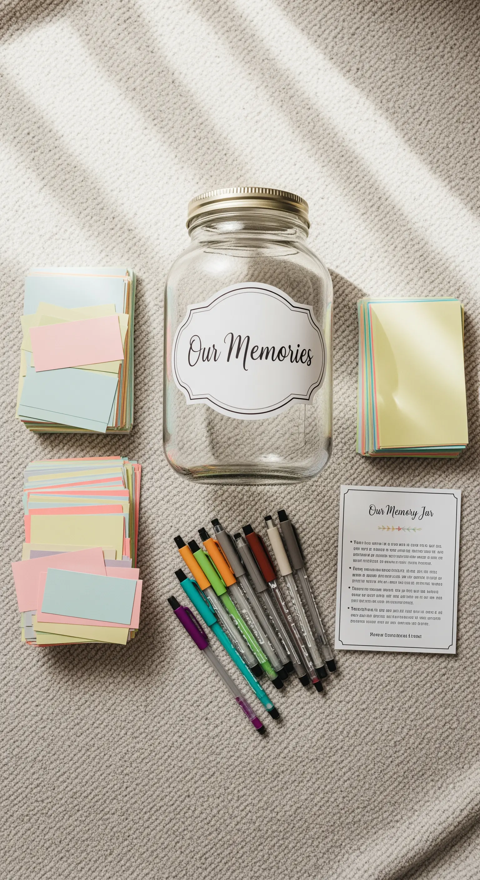Barattolo di vetro 'Our Memories' con post-it colorati e penne per un'attività di gruppo
