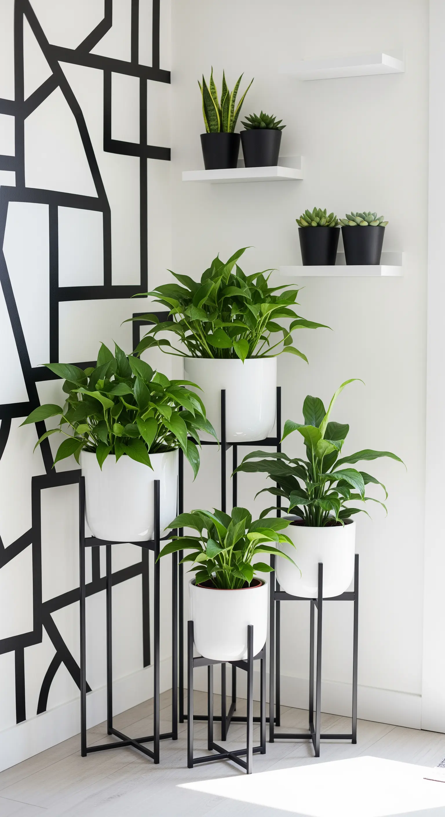 Angolo con piante in vasi bianchi e neri su supporti metallici e murale geometrico.
