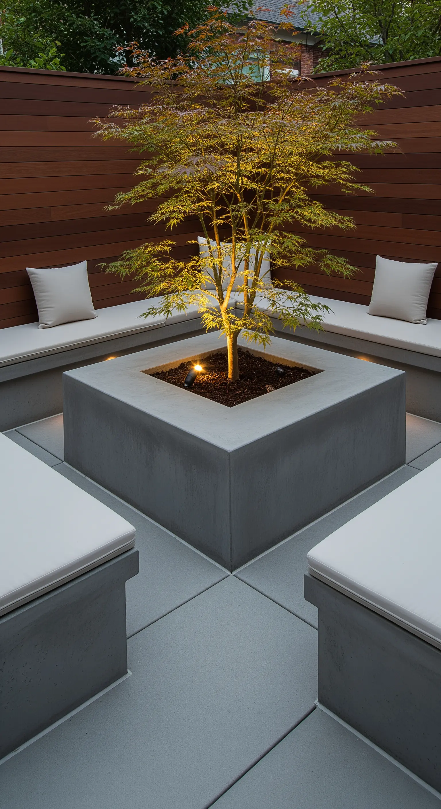 Corte interna con sedute in cemento che circondano una fioriera centrale con un acero giapponese