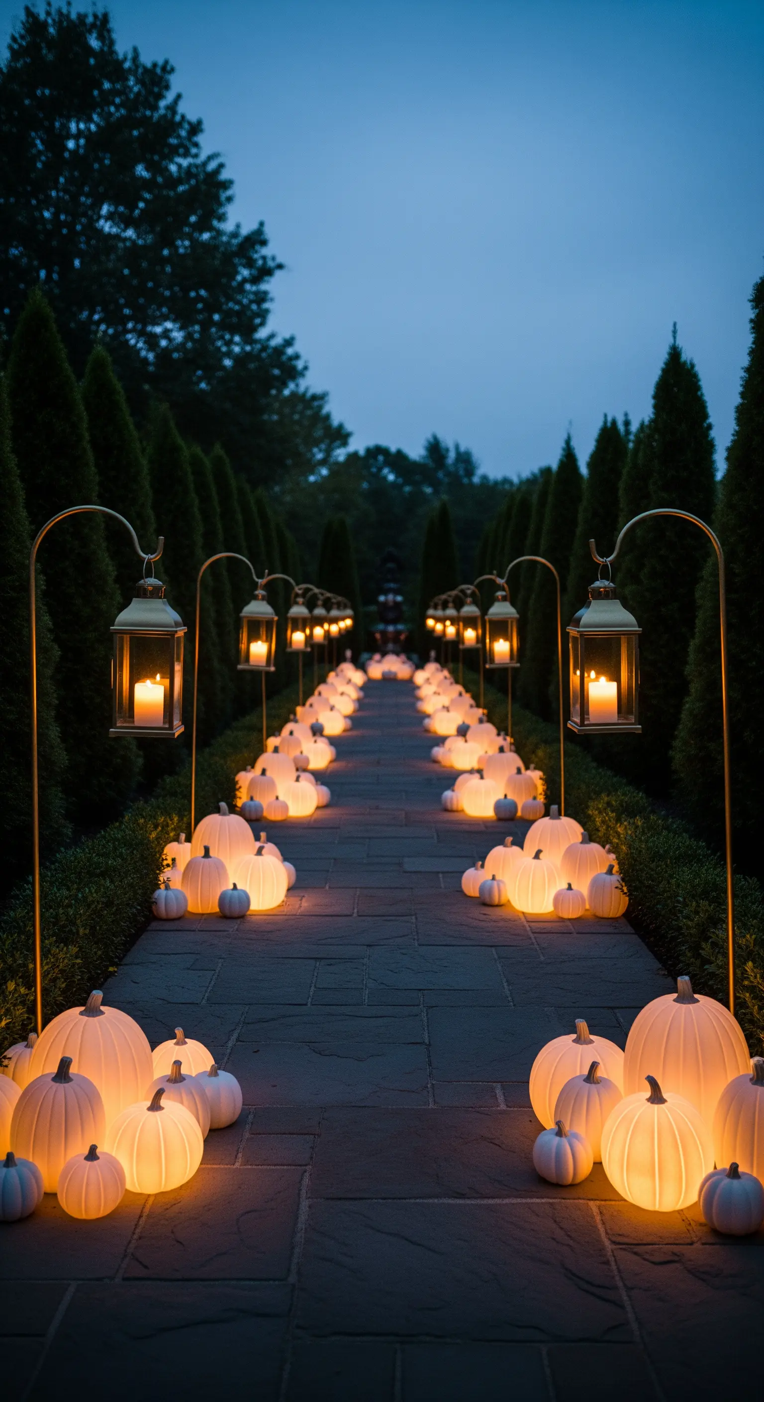 Viale esterno illuminato da zucche bianche luminose e lanterne
