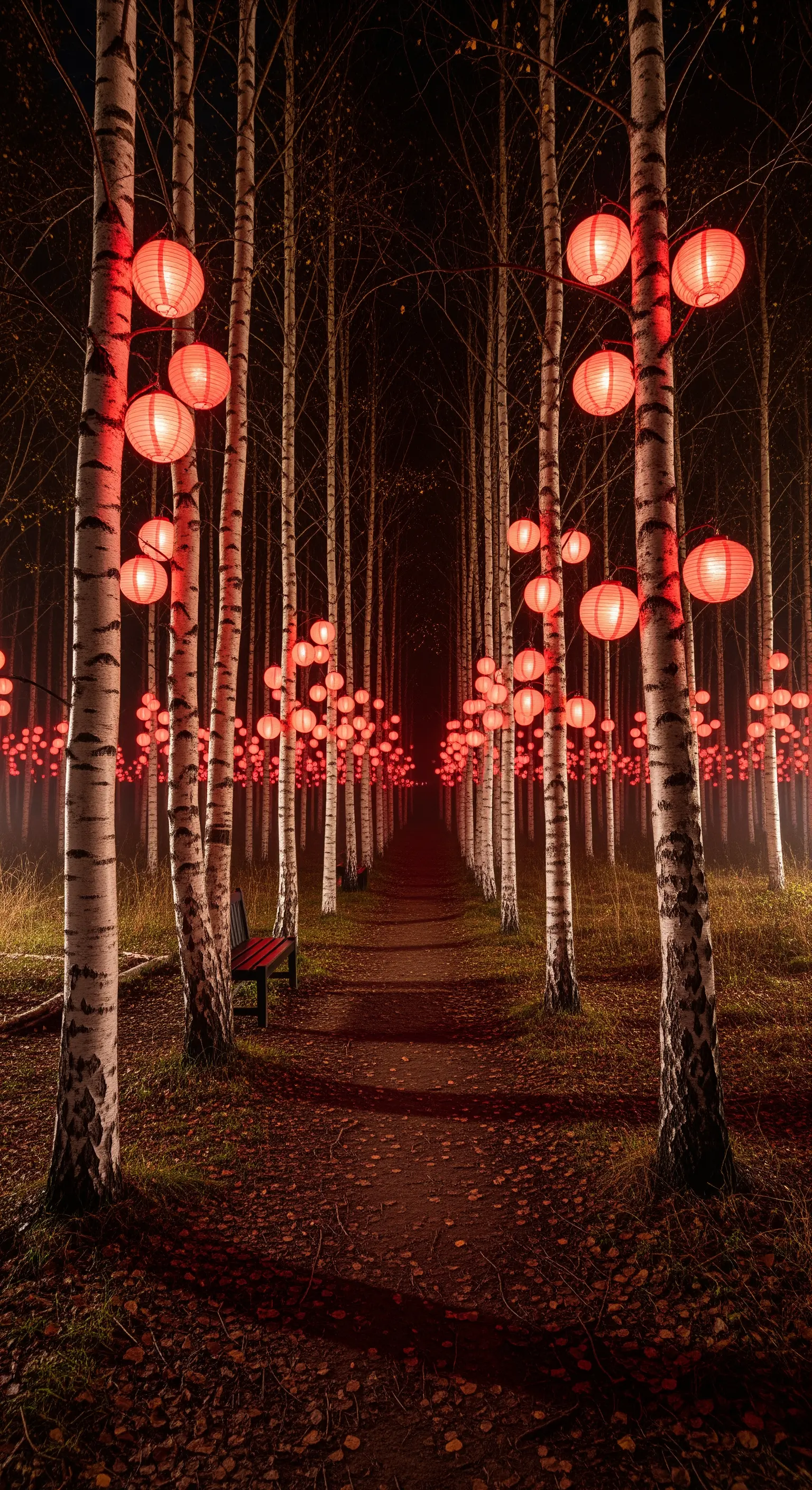 Sentiero in un bosco di betulle di notte, illuminato da decine di lanterne di carta rosse appese agli alberi.