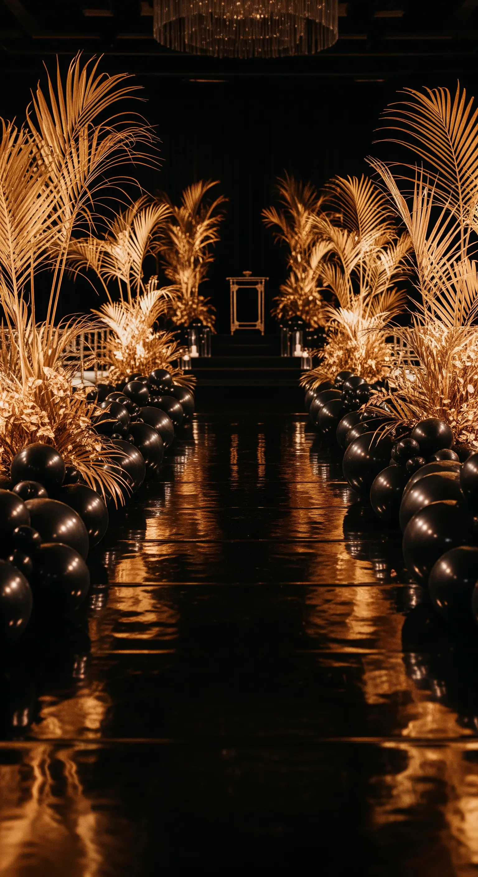 Navata nuziale con pavimento lucido, delimitata da palloncini neri e palme dorate.