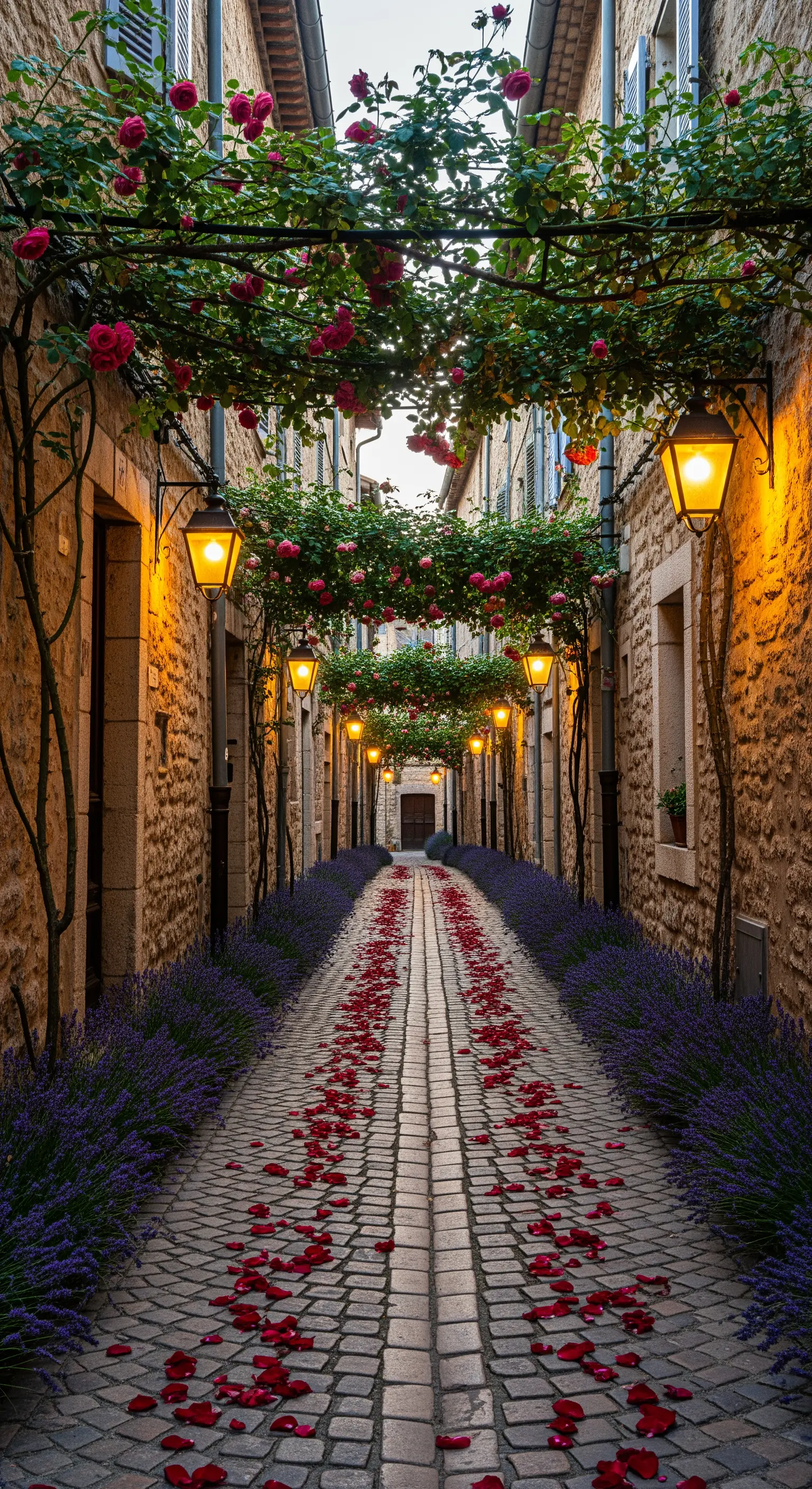 Stretto vicolo in pietra con petali rossi, bordato di lavanda e coperto da rose rampicanti.
