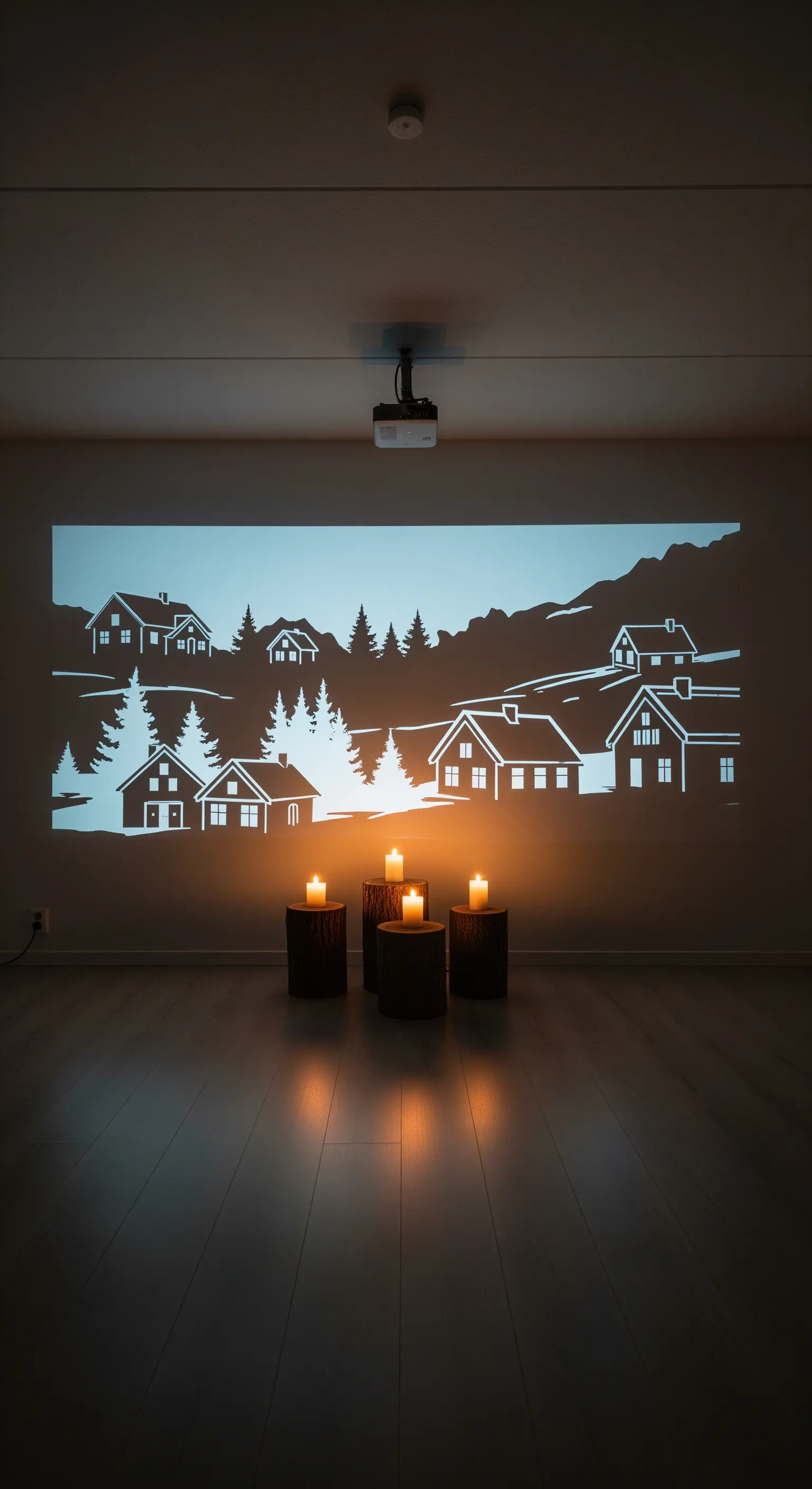 Immagine di un villaggio nordico proiettata su una parete bianca, con candele a terra.