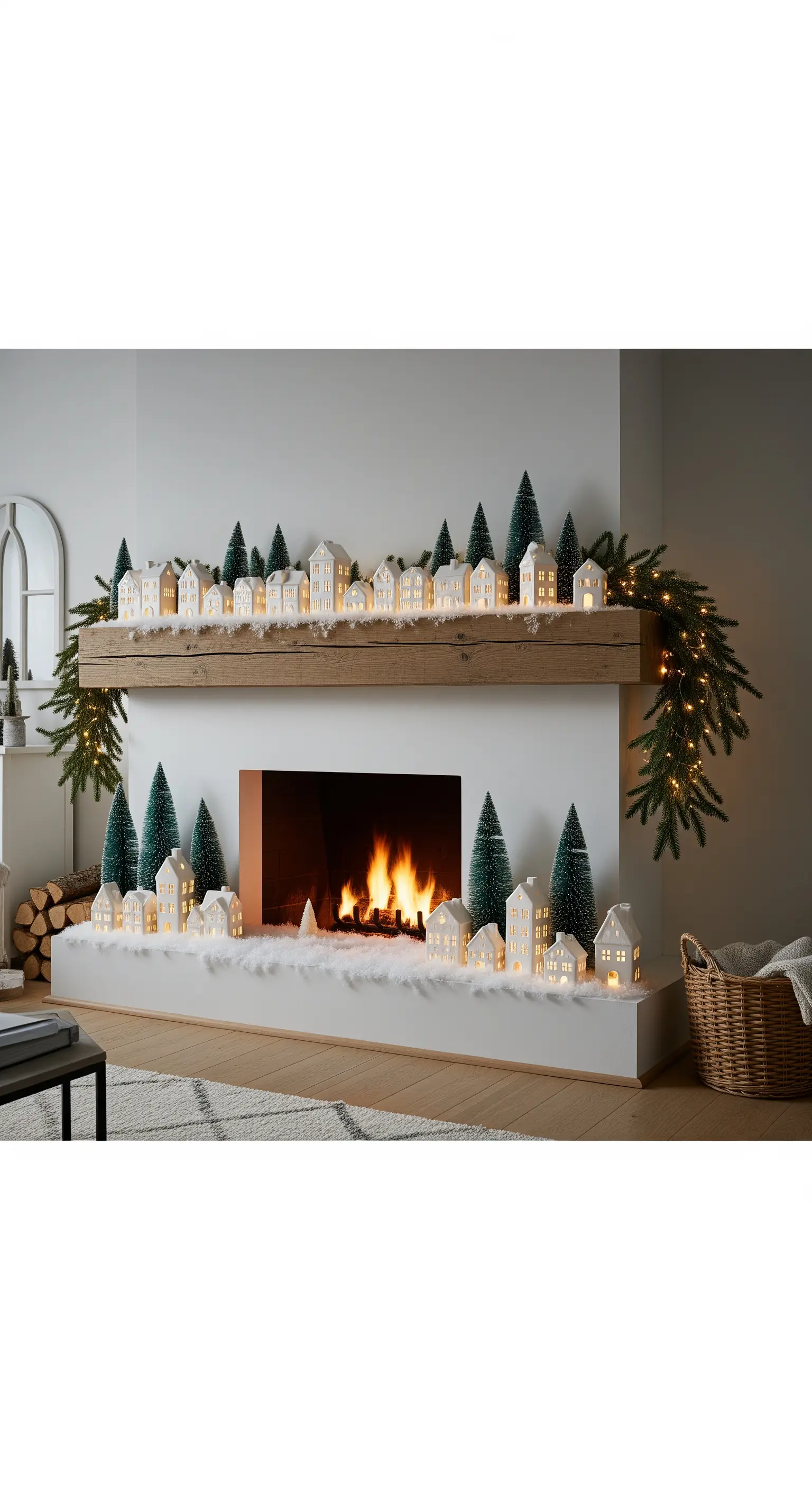 Camino decorato con un villaggio di casette bianche luminose, alberelli e neve finta.