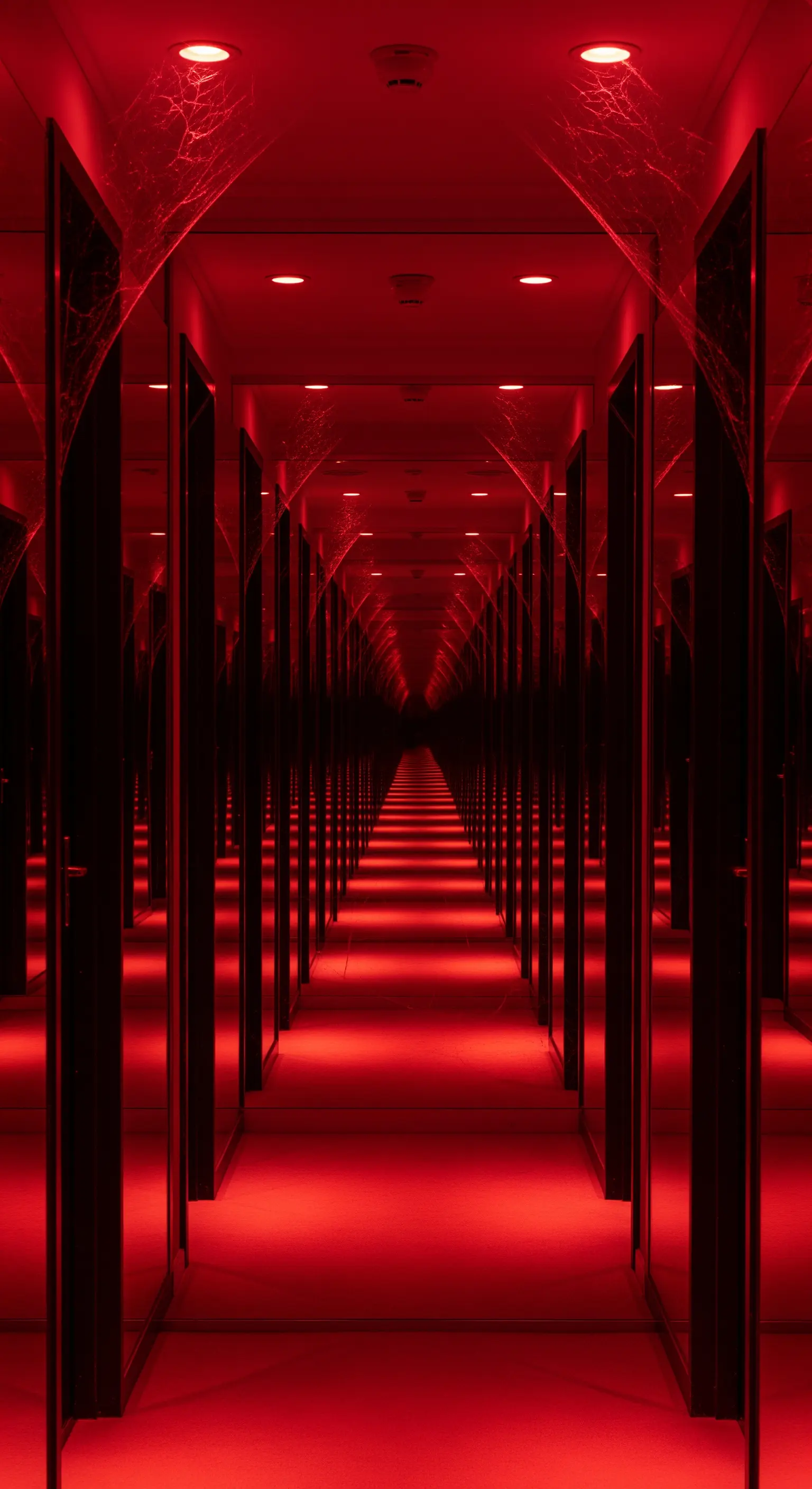 Corridoio di specchi con porte che creano un effetto infinito rosso.