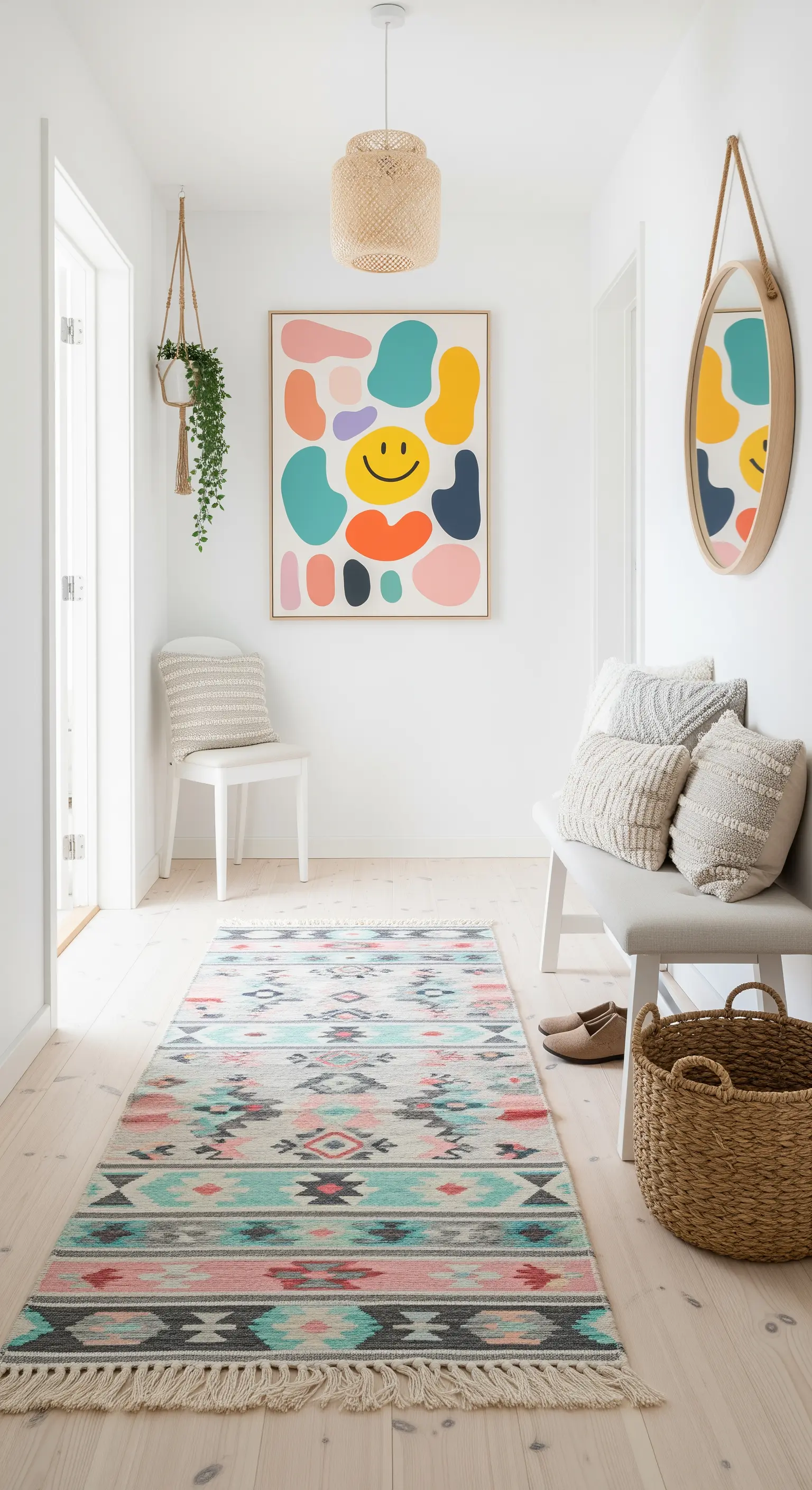 Ingresso bianco con quadro pop art colorato, tappeto kilim pastello e panca chiara.