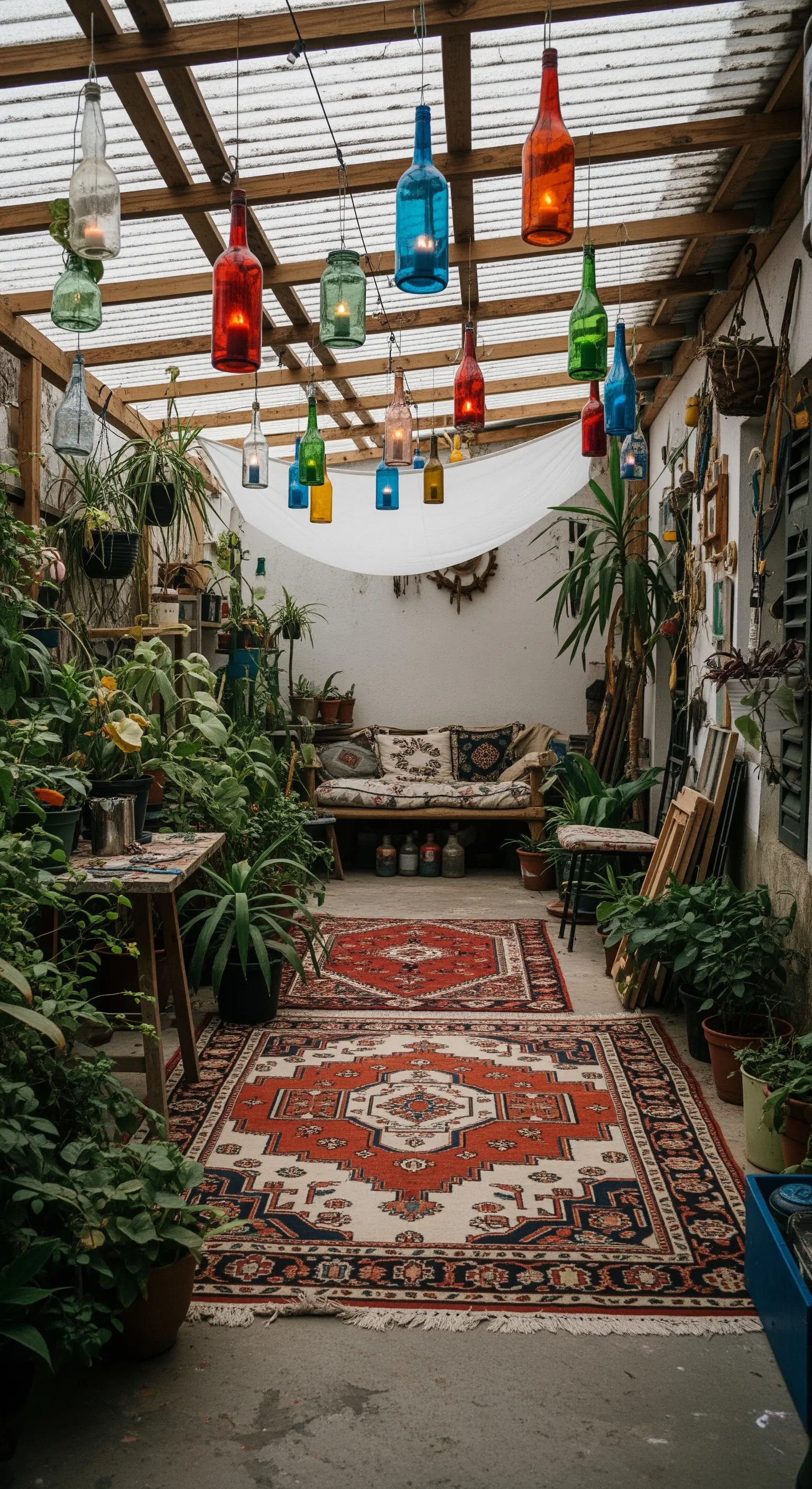 Patio eclettico e ricco di piante, illuminato da lanterne colorate fatte con bottiglie di vetro riciclate