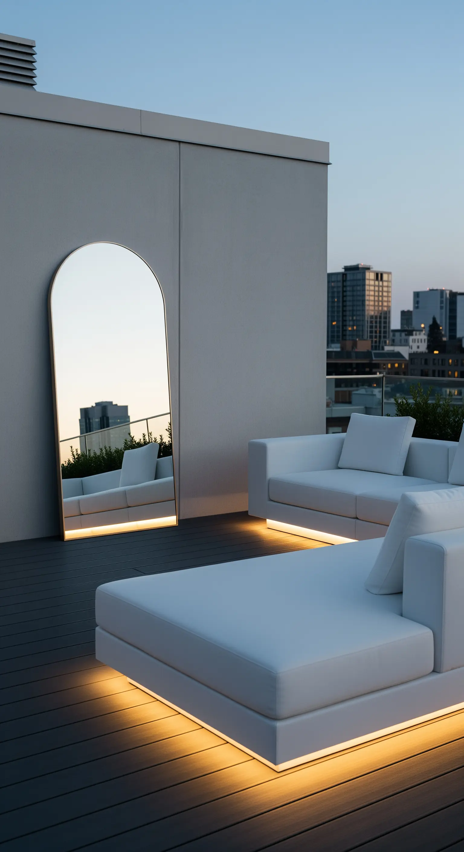 Divano bianco modulare e specchio ad arco su un terrazzo con illuminazione LED integrata