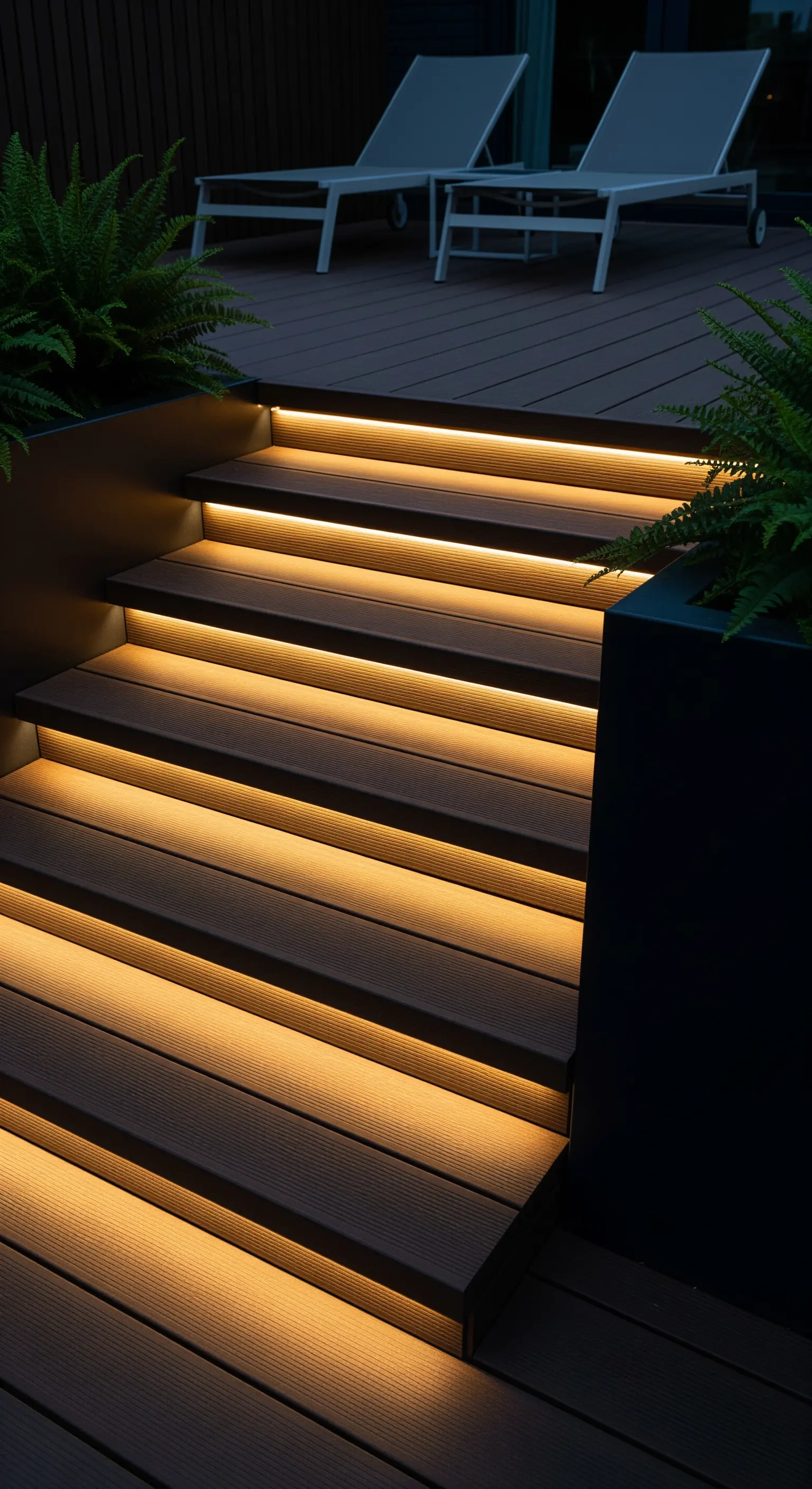 Gradini esterni in legno composito scuro illuminati da strisce LED calde integrate