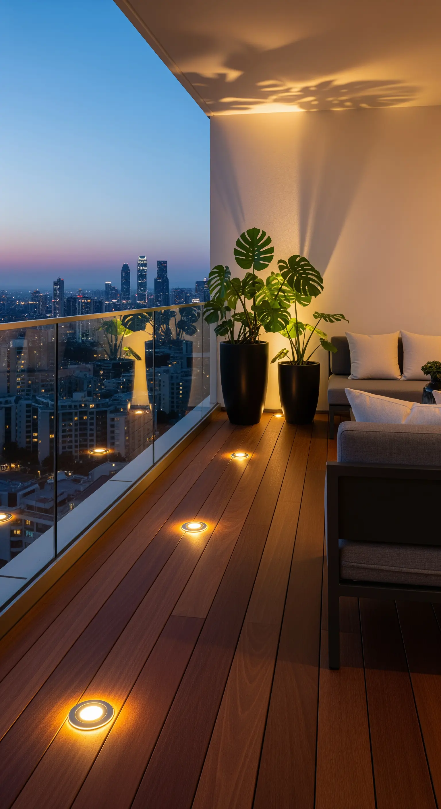 Balcone moderno con pavimento in legno e faretti a incasso che illuminano lo skyline
