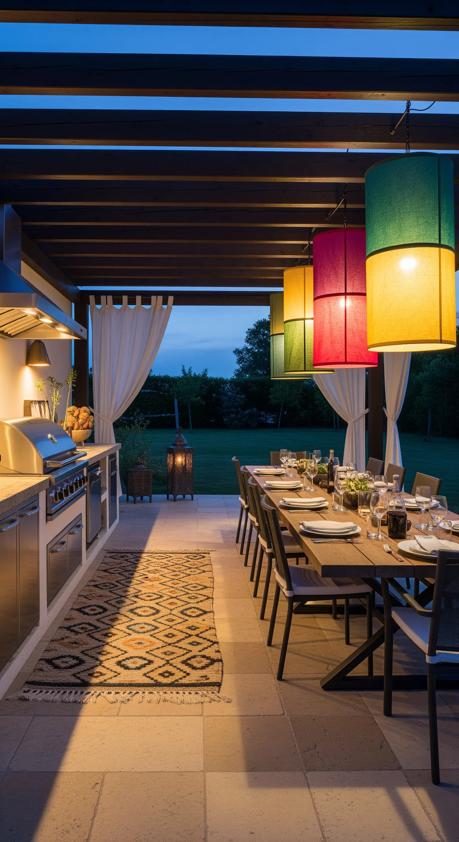 Cucina esterna sotto un pergolato con tavolo da pranzo illuminato da grandi lampade colorate in tessuto
