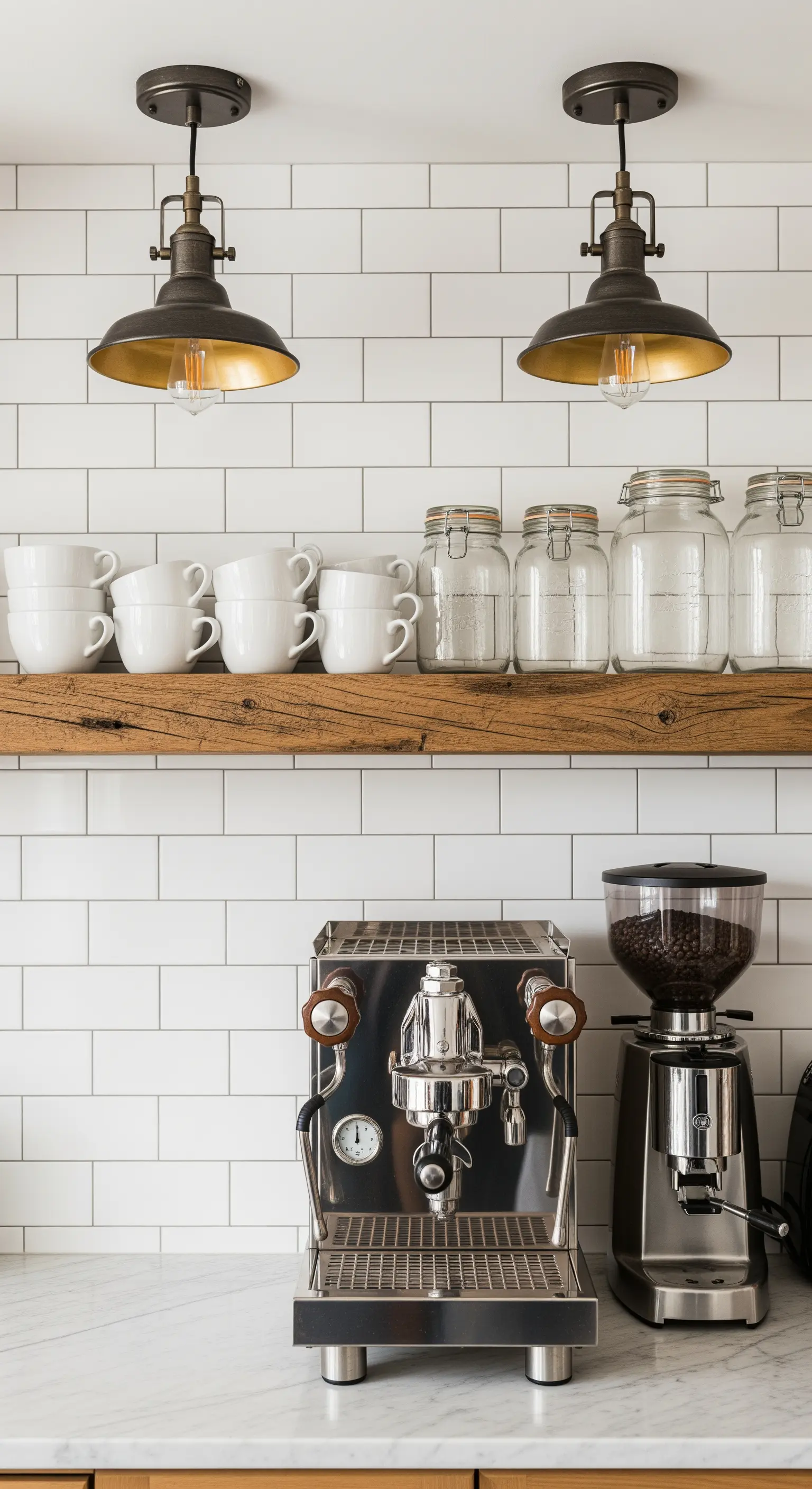 Coppia di lampade a sospensione industriali sopra un angolo caffè con macchina espresso professionale.