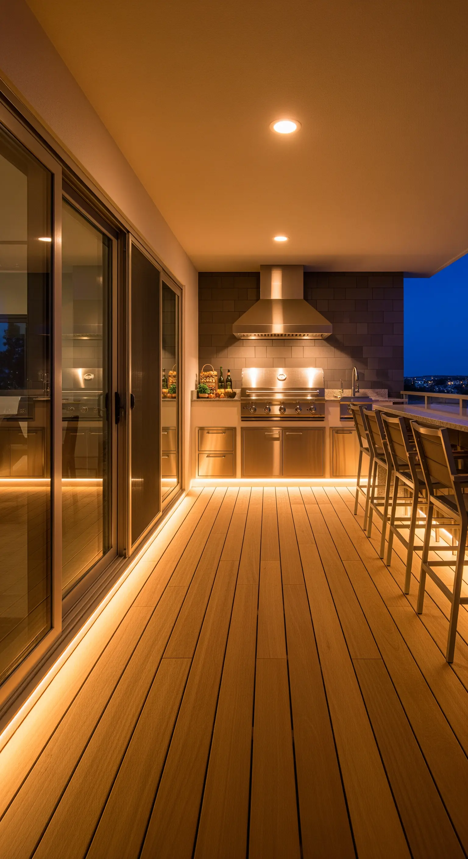 Cucina esterna in acciaio su un balcone con illuminazione a LED sotto il piano di lavoro
