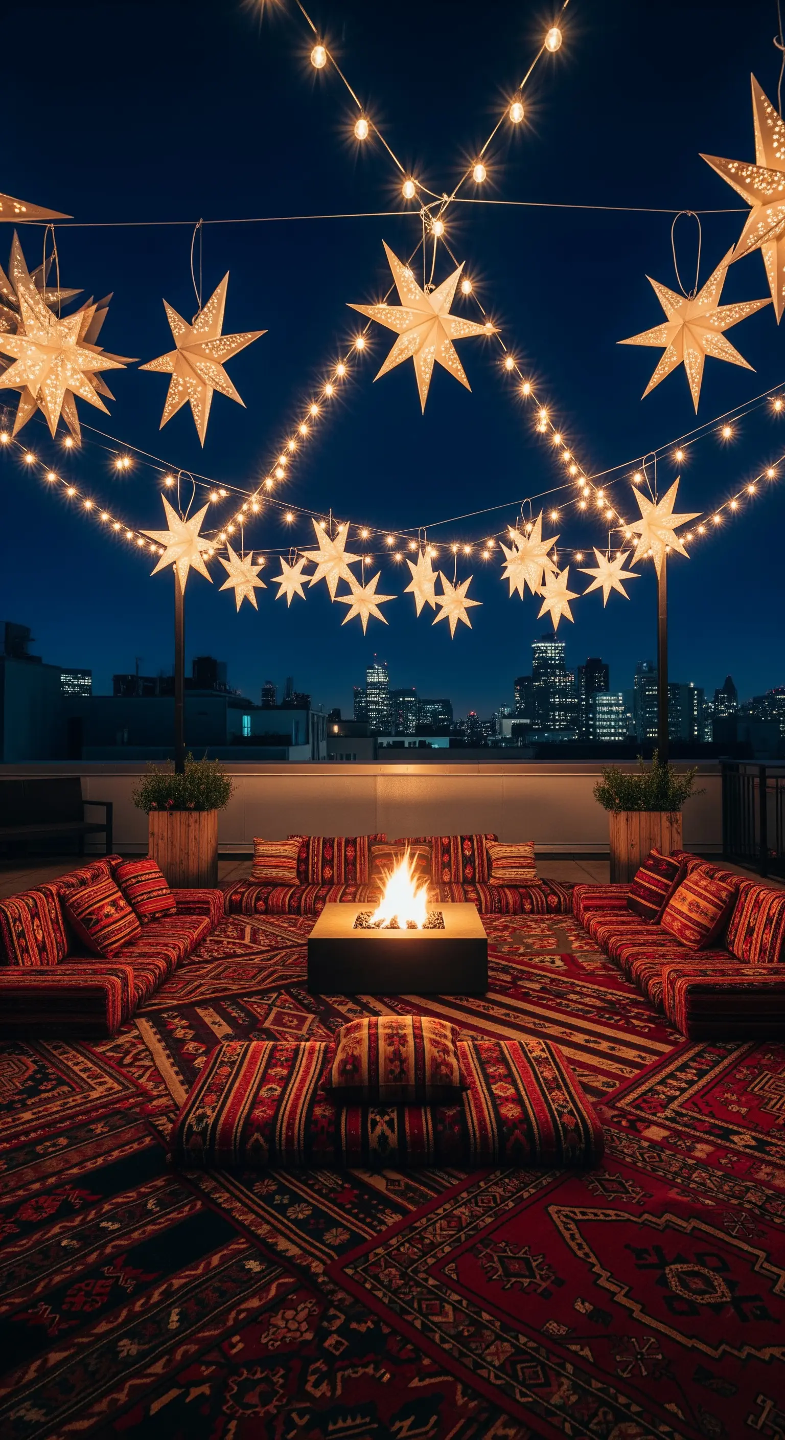 Terrazza notturna con braciere, divani bassi su un kilim e lanterne a stella sospese.