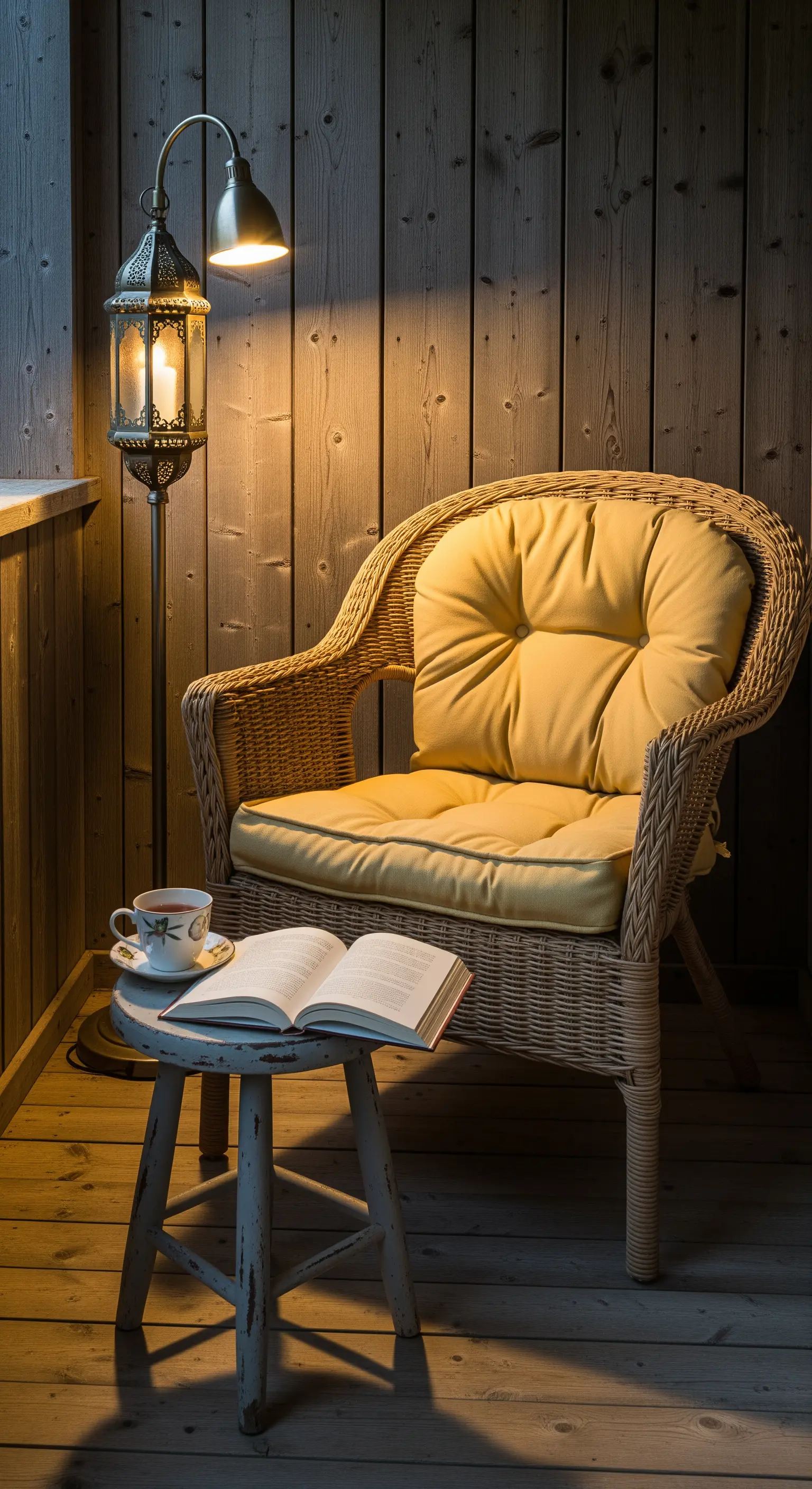 Poltrona in vimini con cuscino giallo in un angolo lettura illuminato da una lampada da terra vintage.