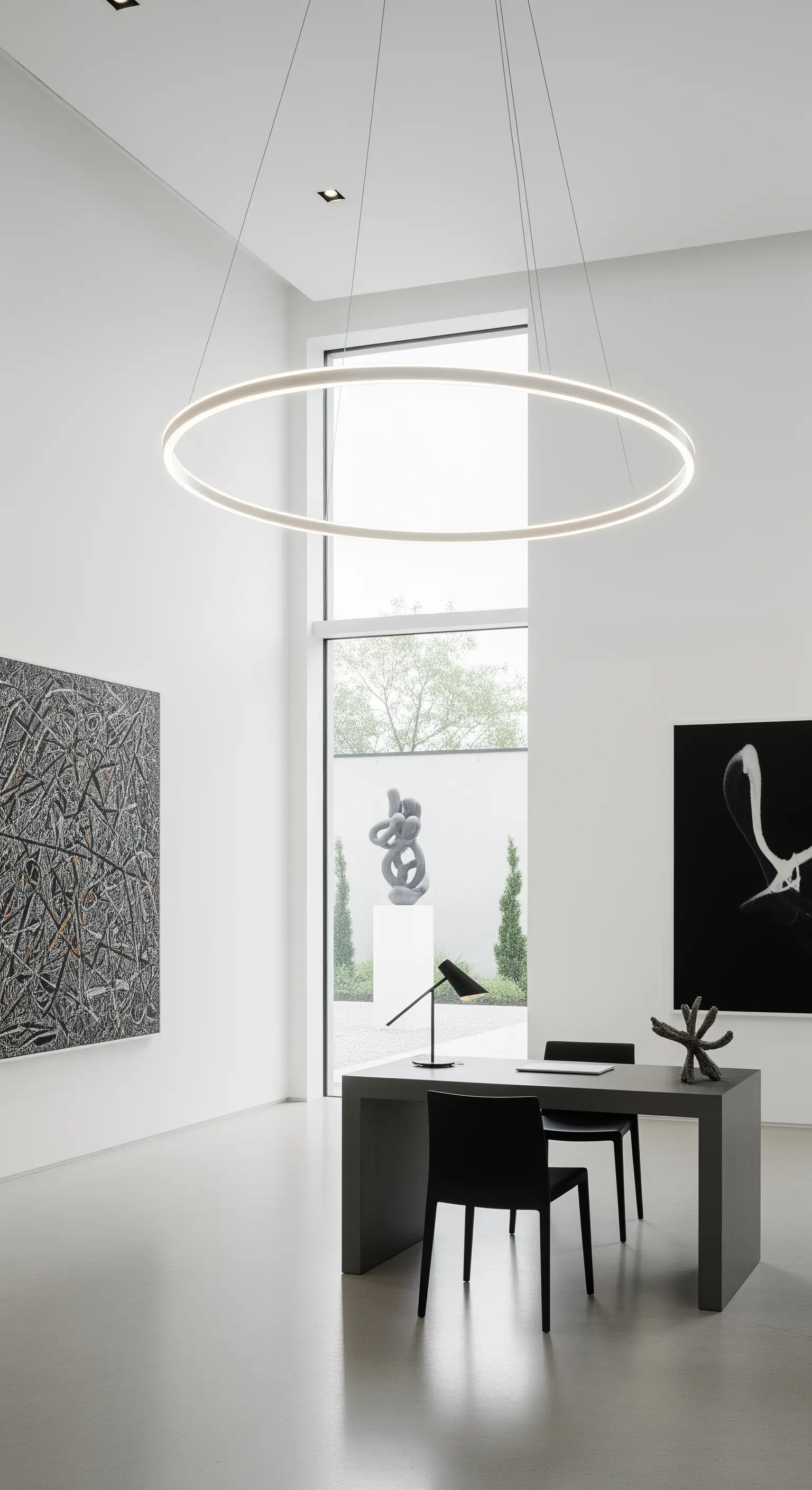 Studio/galleria d'arte con pareti bianche, opere d'arte moderna e un grande lampadario a cerchio.