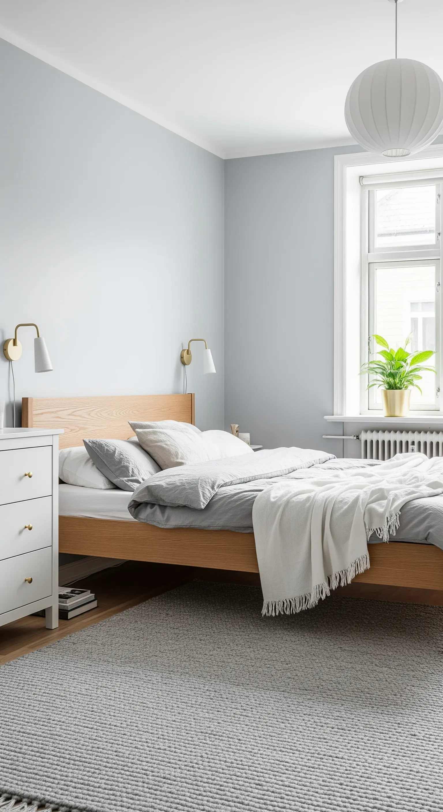 Camera da letto scandinava con pareti grigio chiaro, letto in legno e applique dorate.