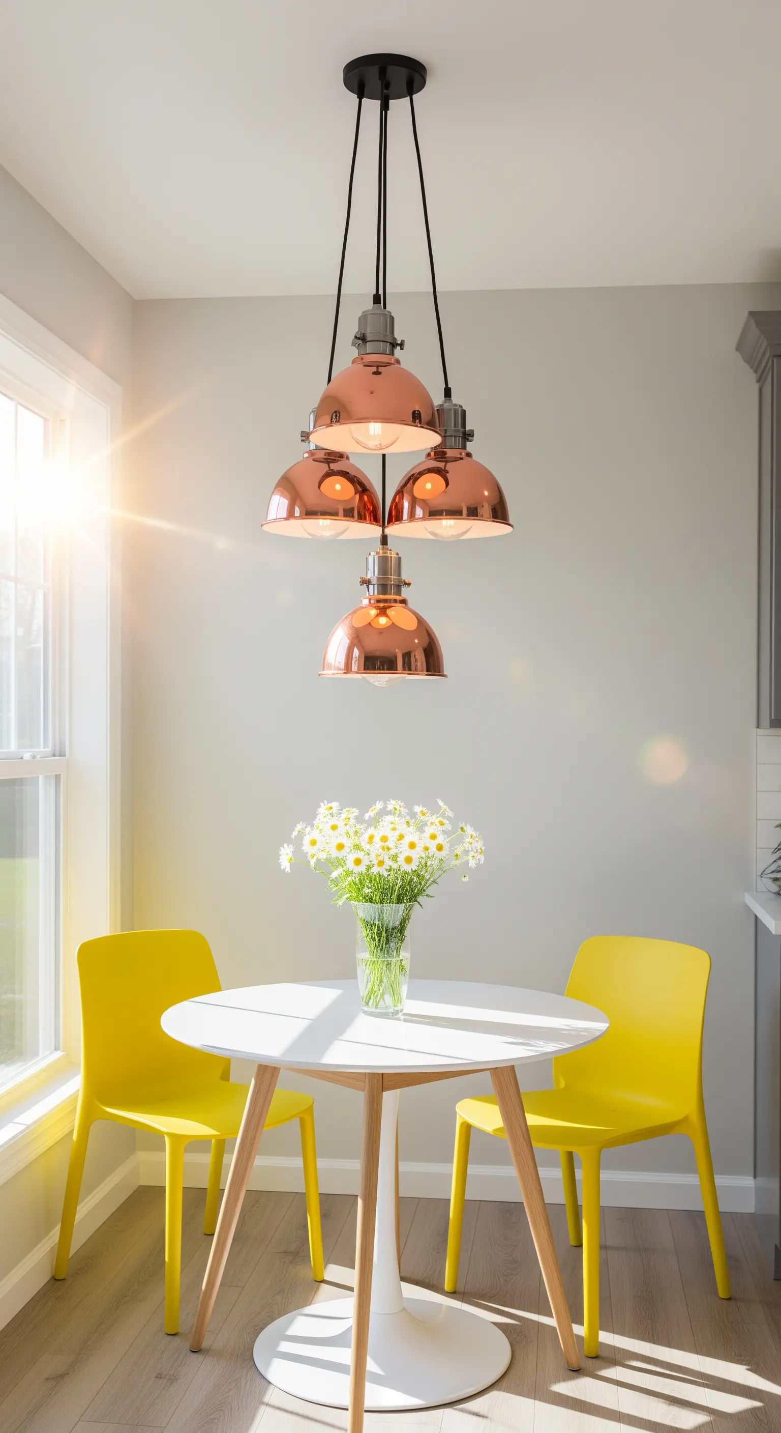 Tavolino bianco rotondo con sedie gialle, illuminato da un gruppo di lampade a sospensione in rame.