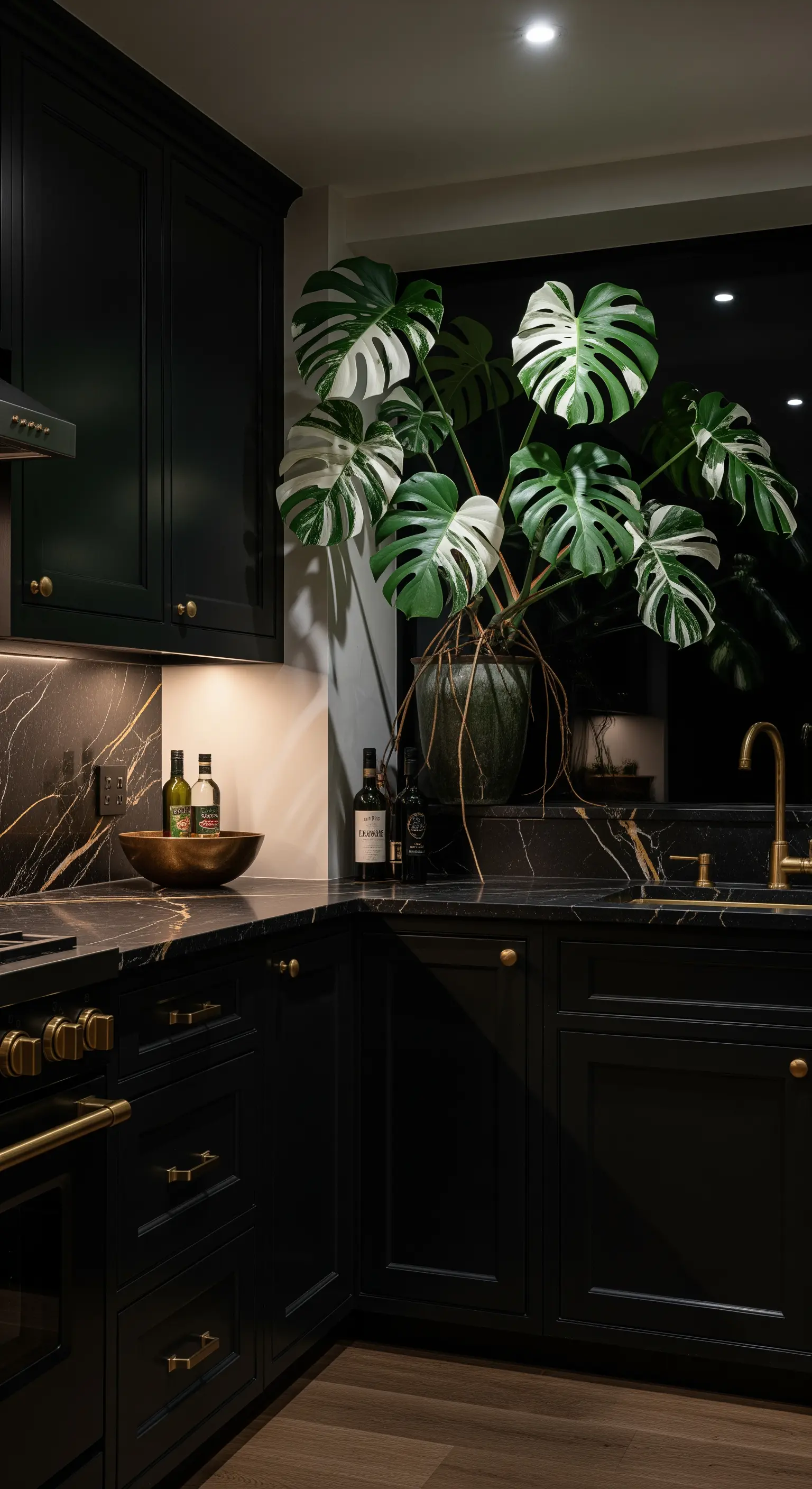Monstera variegata illuminata in un angolo di una cucina nera con marmo scuro.
