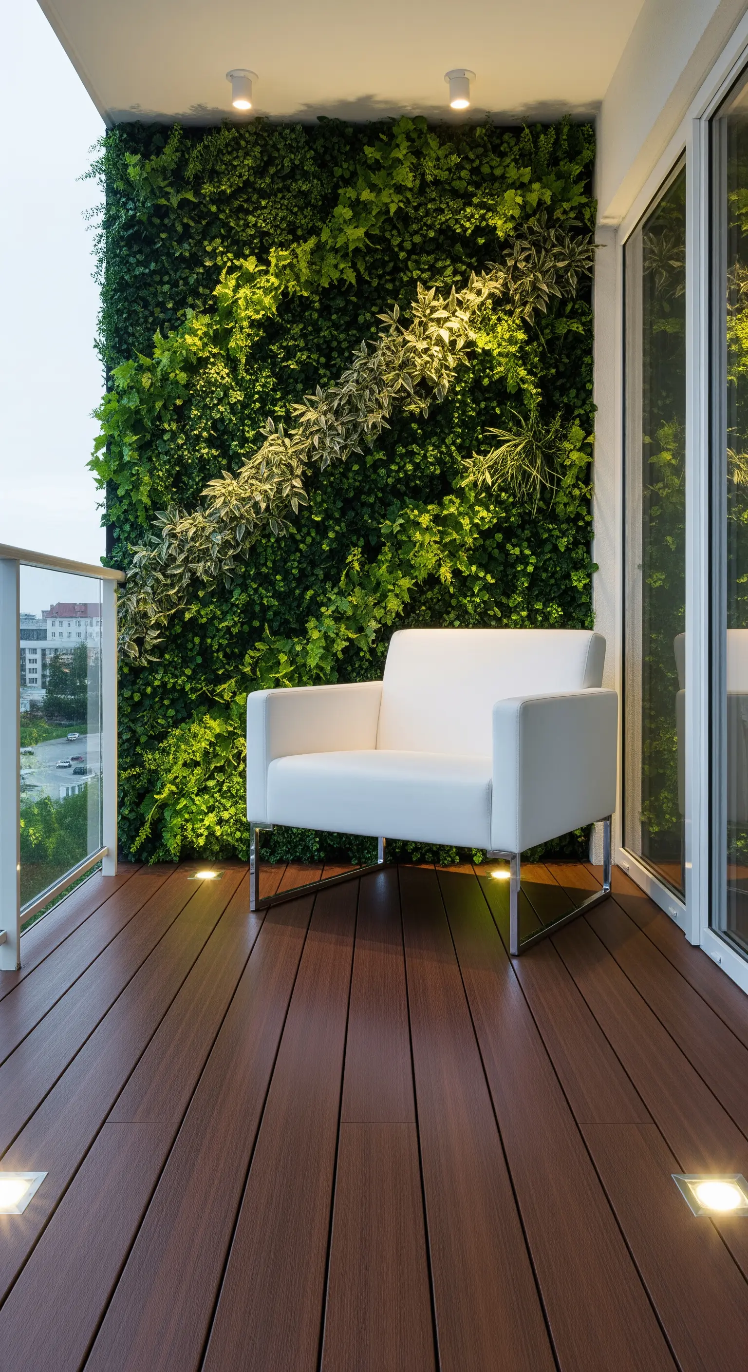 Balcone con parete verde verticale illuminata da faretti e una poltrona bianca moderna