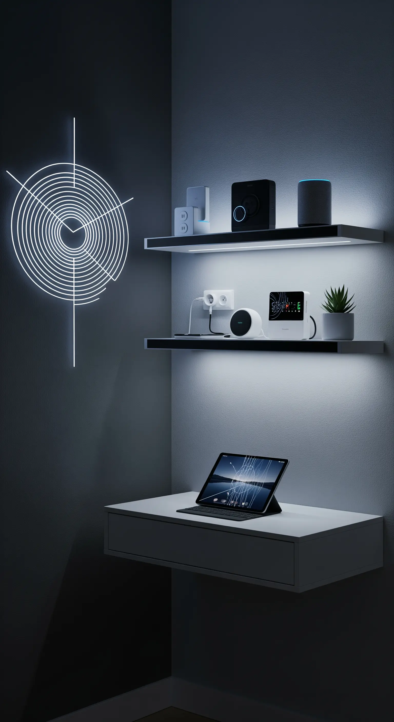 Angolo tecnologico con mensole illuminate a LED e orologio luminoso a parete.