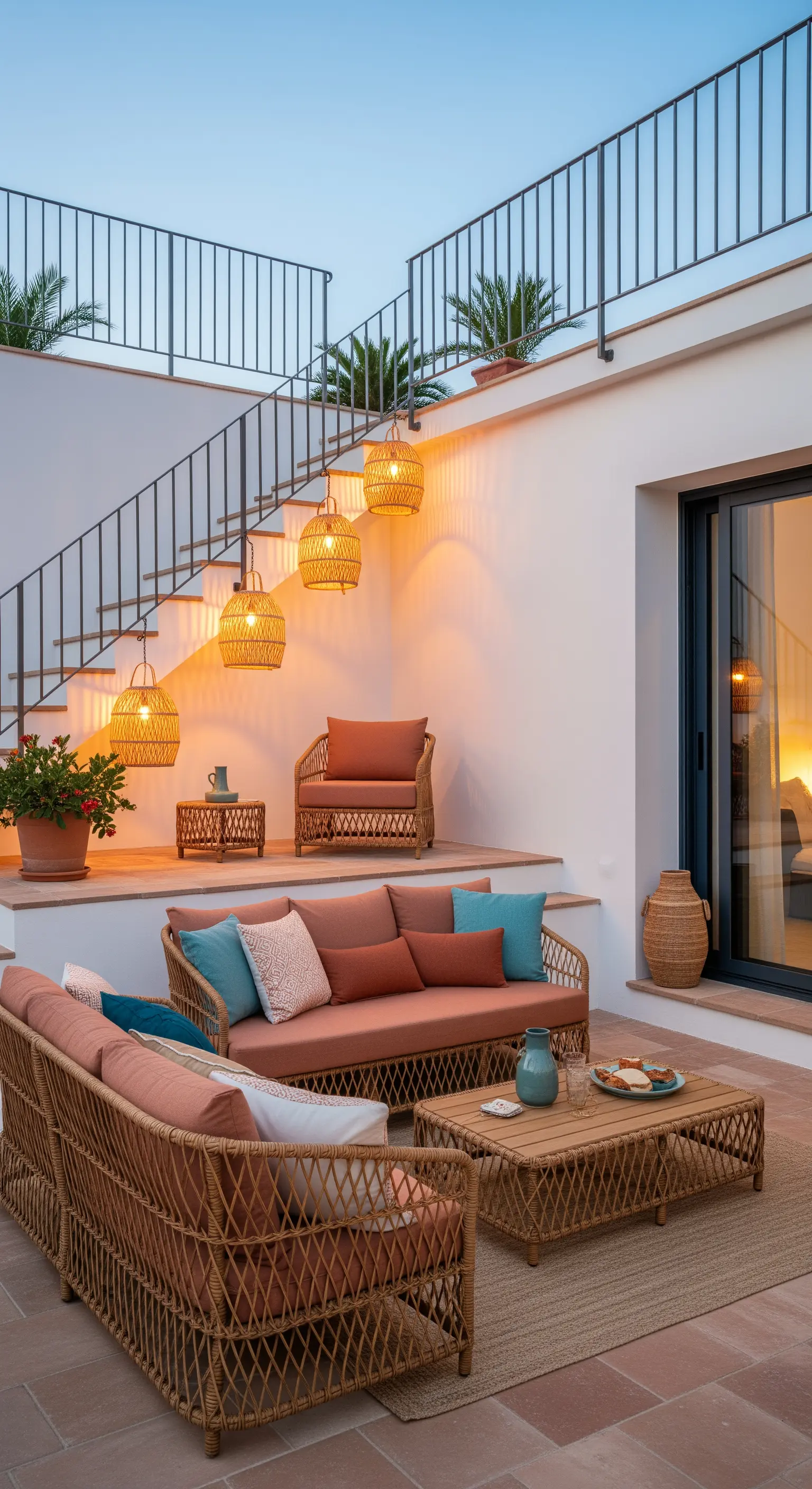 Patio a più livelli con divani color terracotta e lanterne in rattan che seguono la scalinata.