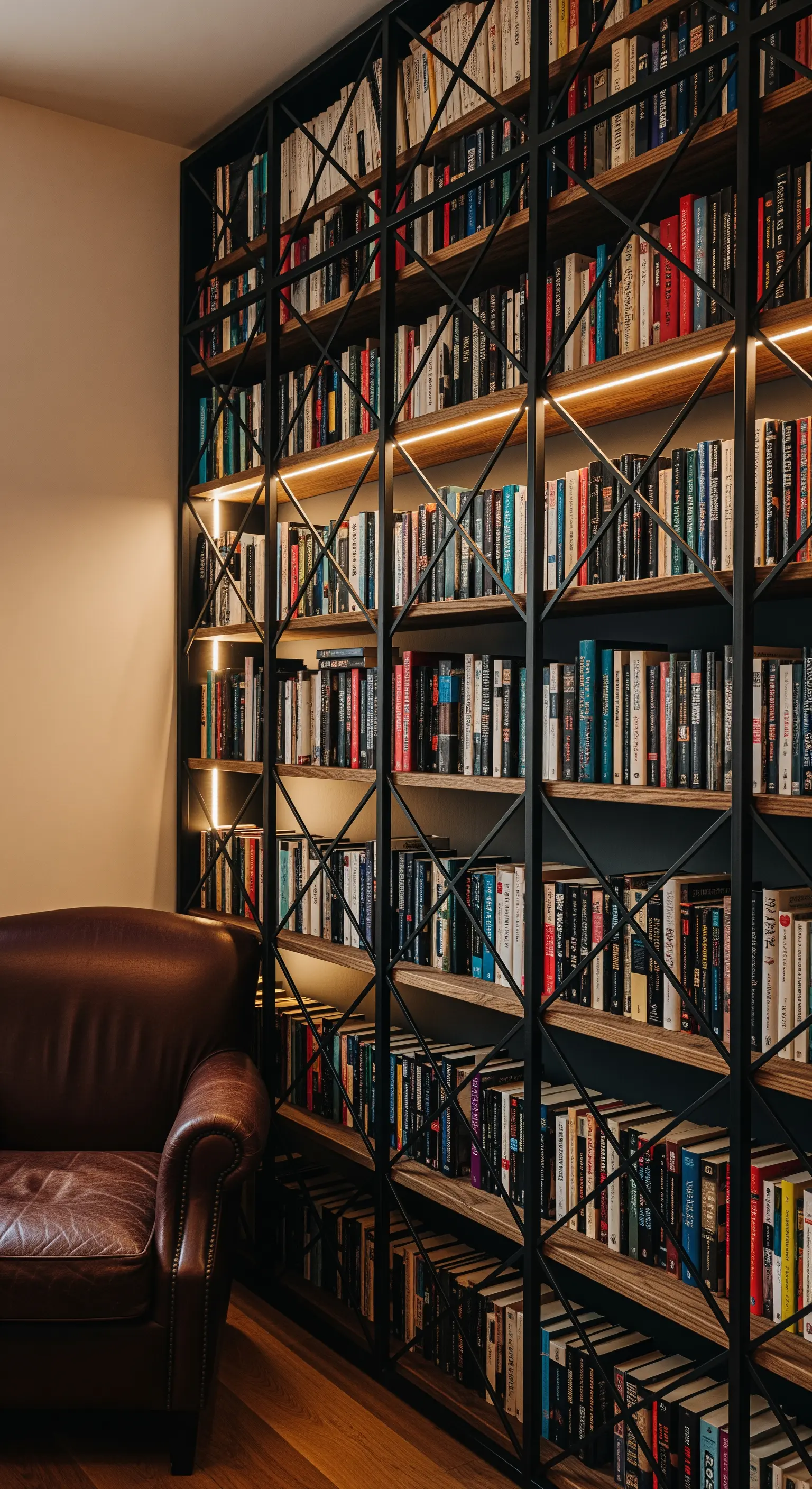 Libreria a tutta altezza in metallo nero e legno con illuminazione a LED integrata.