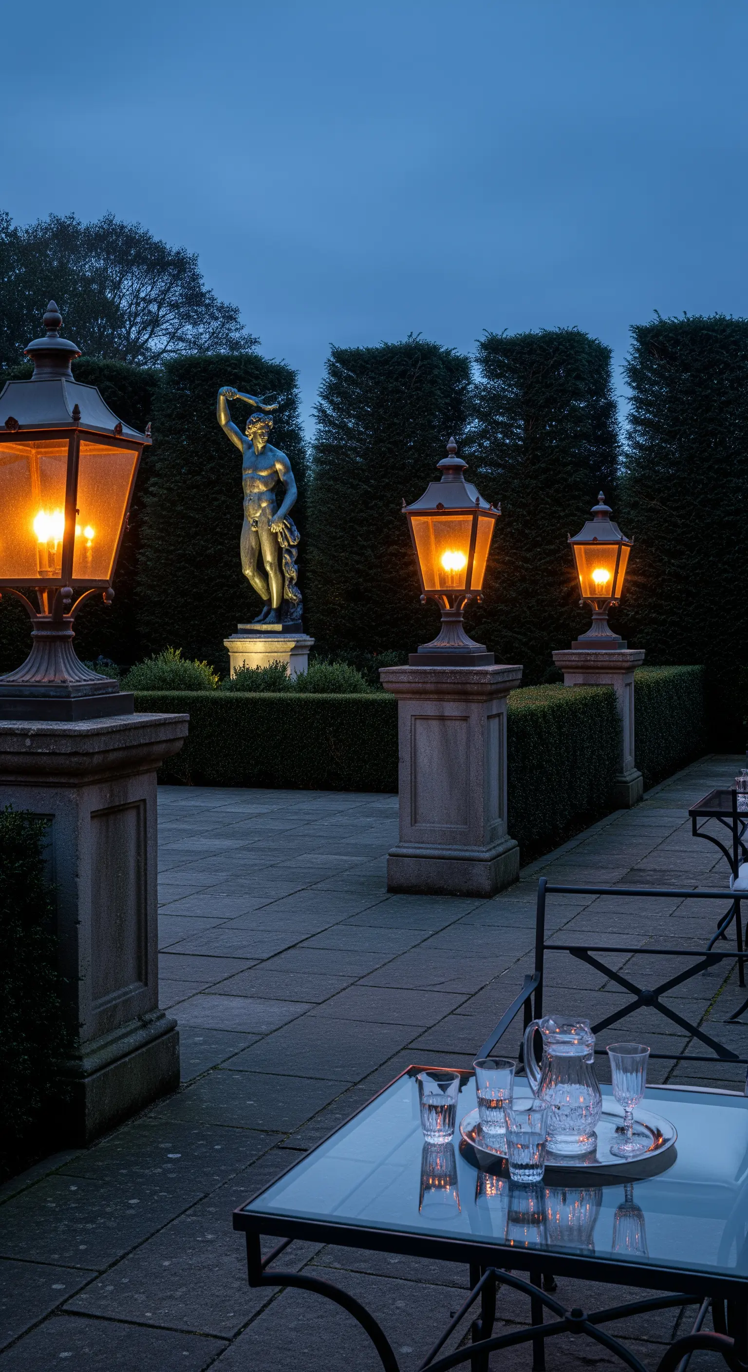 Patio al crepuscolo con grandi lampioni accesi, una statua illuminata e un tavolo in vetro.