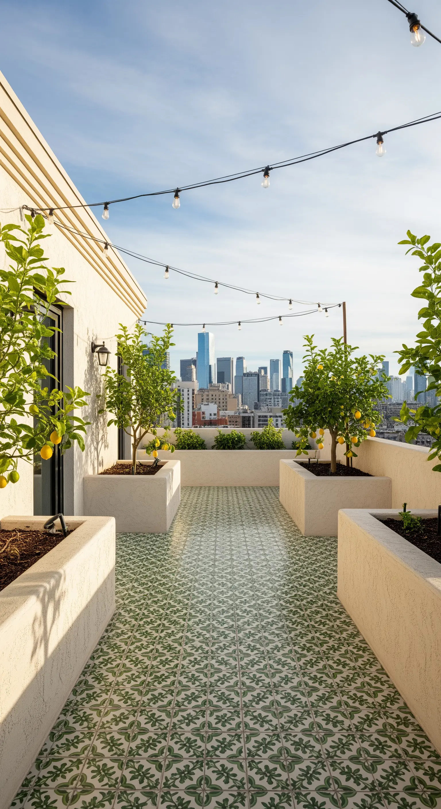 Terrazza panoramica con pavimento in maioliche verdi, fioriere bianche e fili di luci sospese