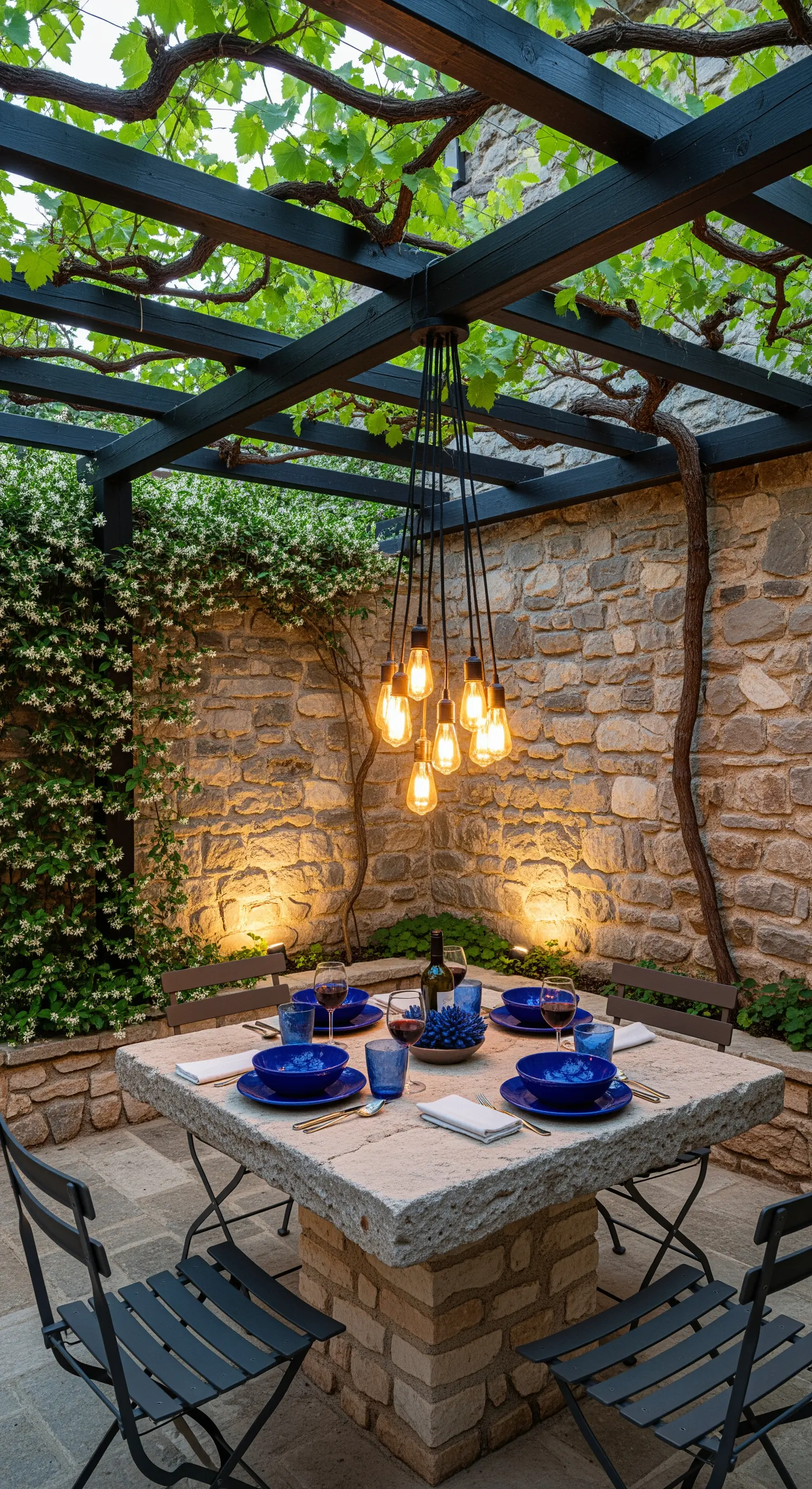 Tavolo in pietra con lampadario a grappolo di lampadine Edison sotto un pergolato.