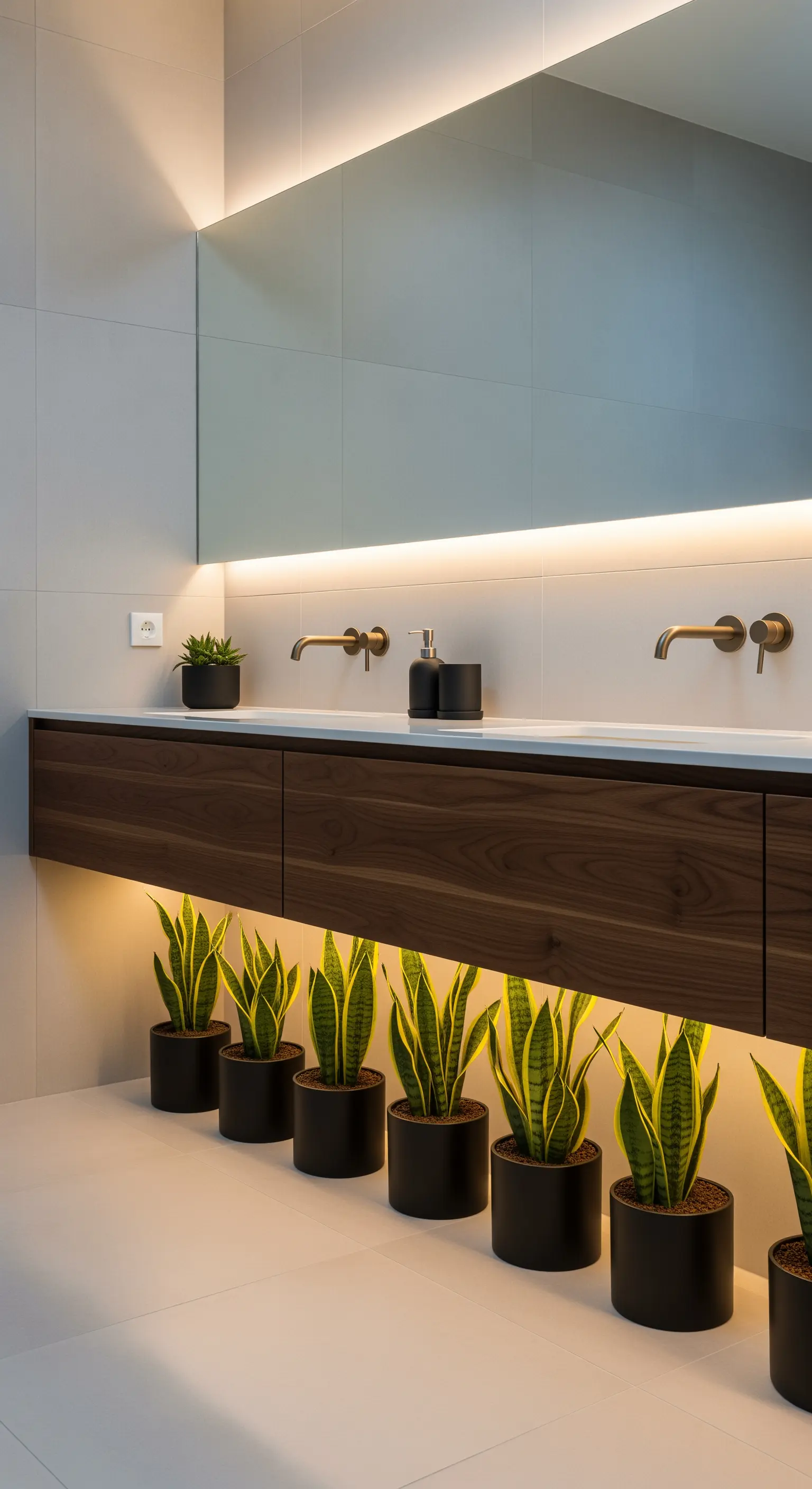 Fila di piante di Sansevieria illuminate da una striscia LED sotto un mobile da bagno sospeso.
