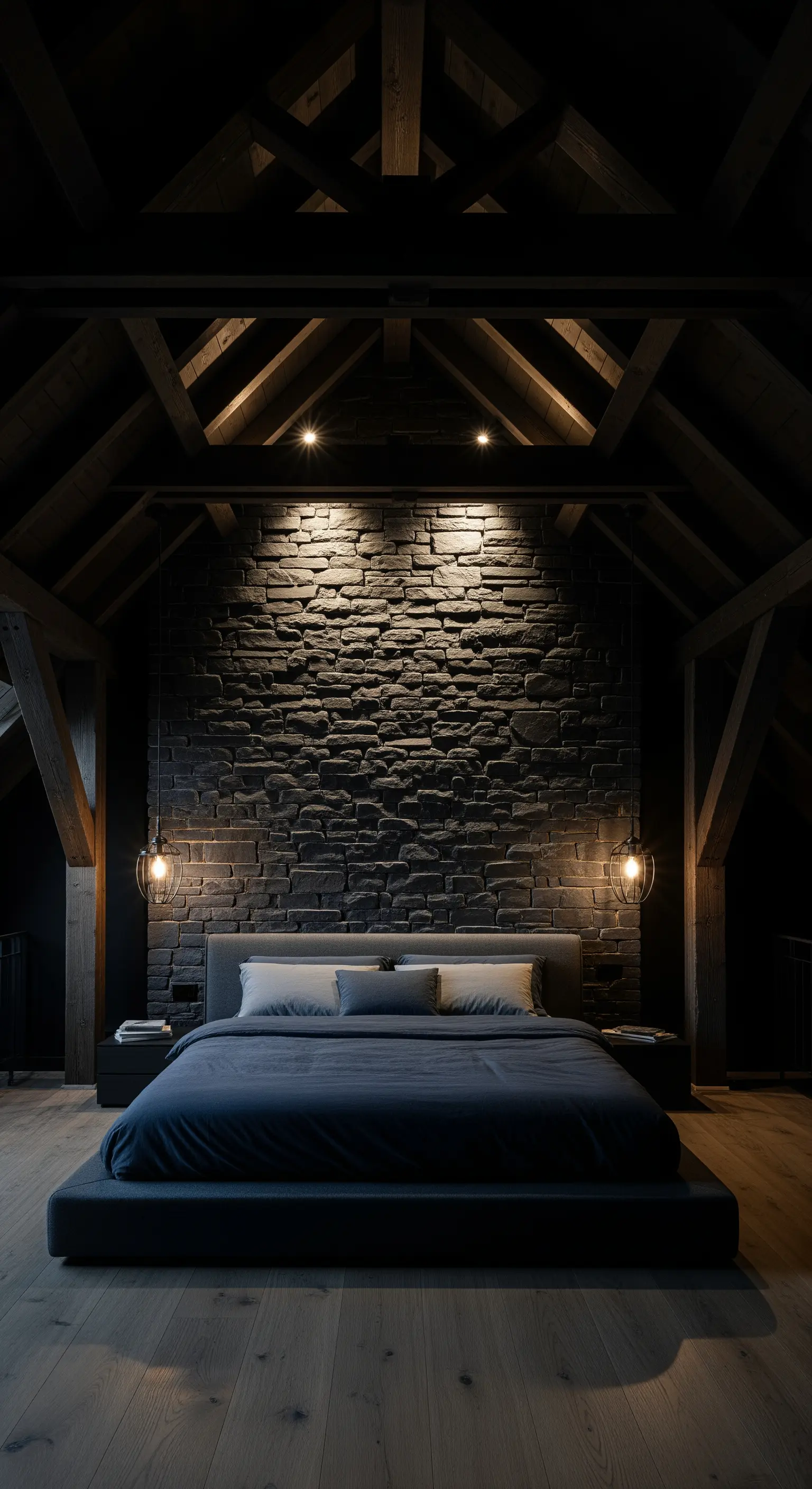 Illuminazione a faretto su una parete in pietra scura in una camera da letto moderna.