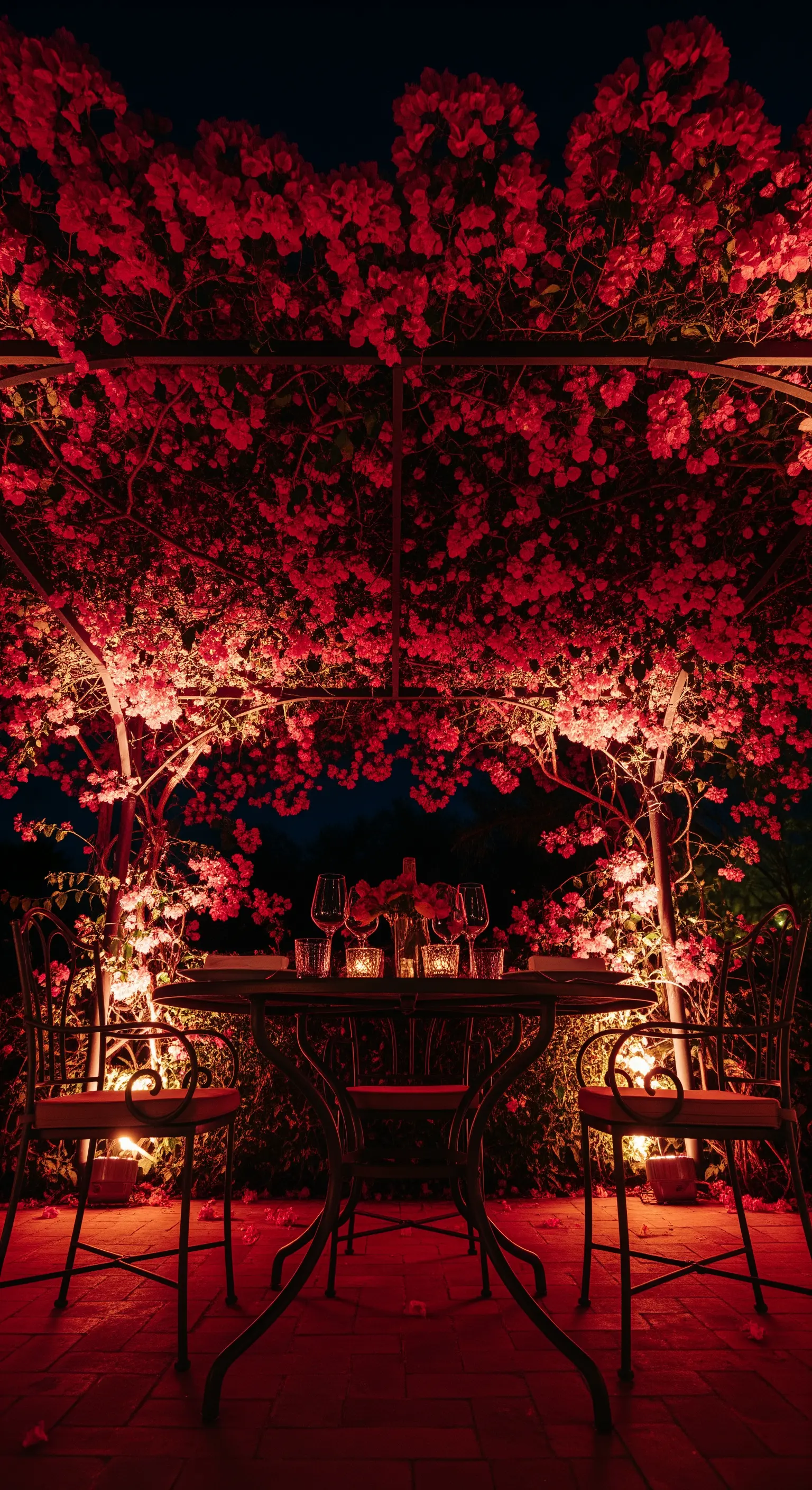 Tavolo per due sotto un pergolato coperto di fiori rossi, illuminato da una luce rossa intensa.