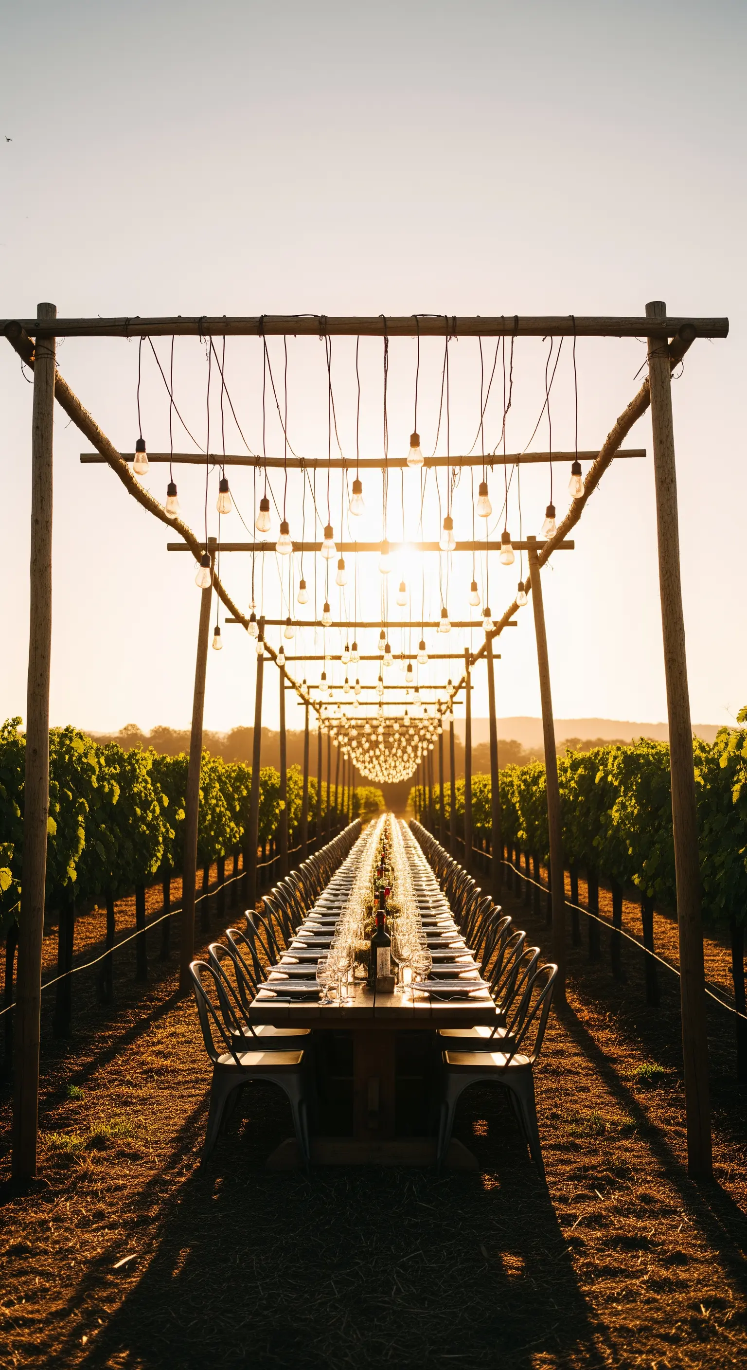 Lunga tavolata in un vigneto al tramonto, sovrastata da semplici fili di lampadine.